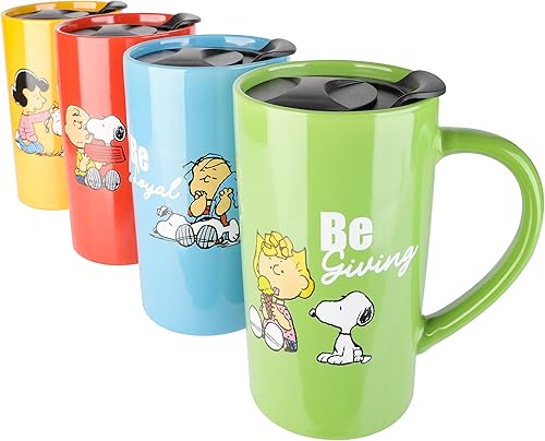 Miniatura 2 de Peanuts Snoopy Gentle Reminders - Taza de viaje de 18 onzas con tapa, cerámica, paquete de 4, colores surtidos