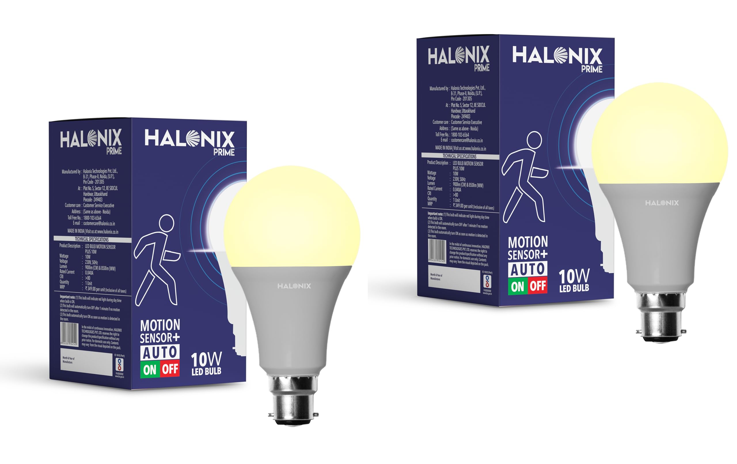 Halonix Yellow 10 Watt B22 Radar Motion Sensor LED Bulb (Auto Off Auto On) - Pack of 2, Yellow.