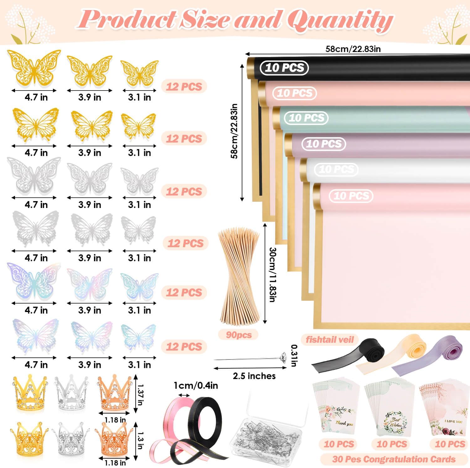 366 pcs Flower Bouquet Wrapping Paper,Waterproof Flower Floral Wrapping Paper Bouquet Sheets With Ribbons Pins 3D Butterflies and Crowns for Florist Wrap