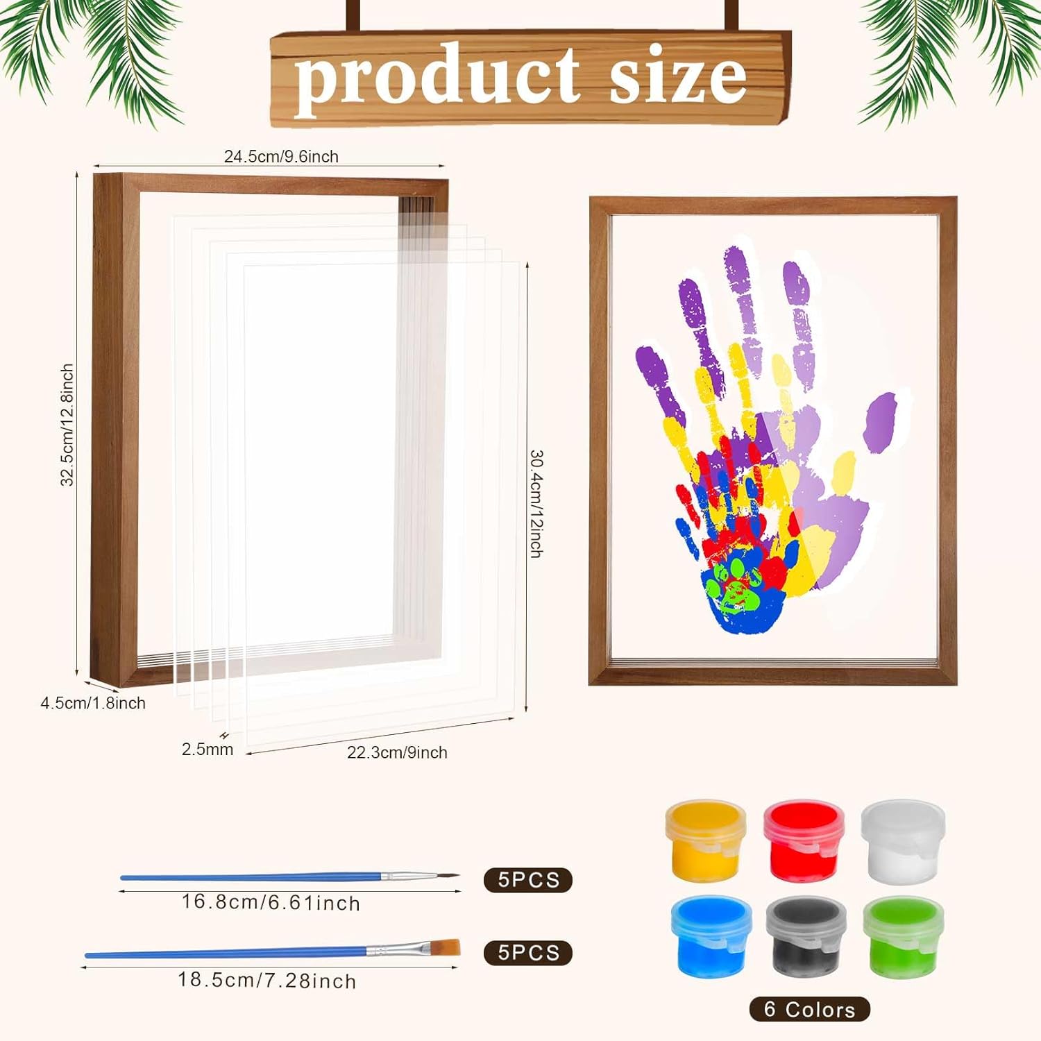 Suzile DIY Handprint Kit for New Parents - Mother's Day Father's Day Gifts,Baby Handprint Frame with 5 Acrylic Boards & 6 Colors Paint,Family Keepsake Craft for First-time Moms Dads(Walnut Color)