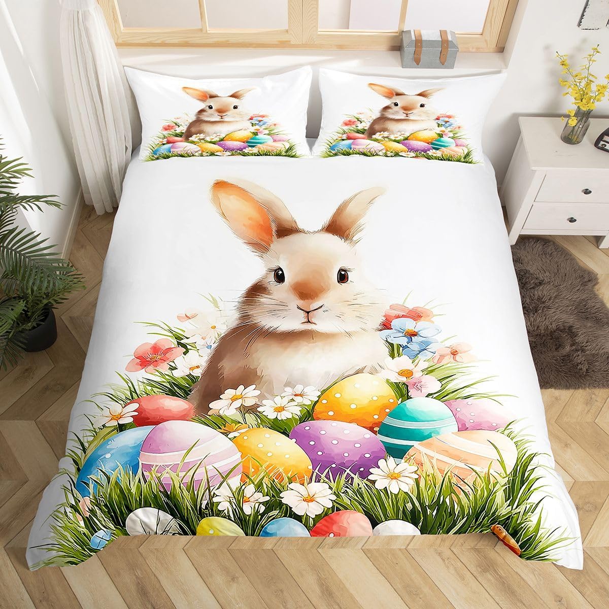 jejeloiu Bunnies Bedding Set King Size Kids Easter Eggs Comforter Cover Set Cute Rabbit Cartoon Animal Duvet Cover Flower Floral Room Decorations
