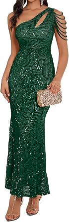 Women One Shoulder 1920s Plus Size Formal Dress Tassels Sleeve Sequins Gatsby Maxi Evening Gown