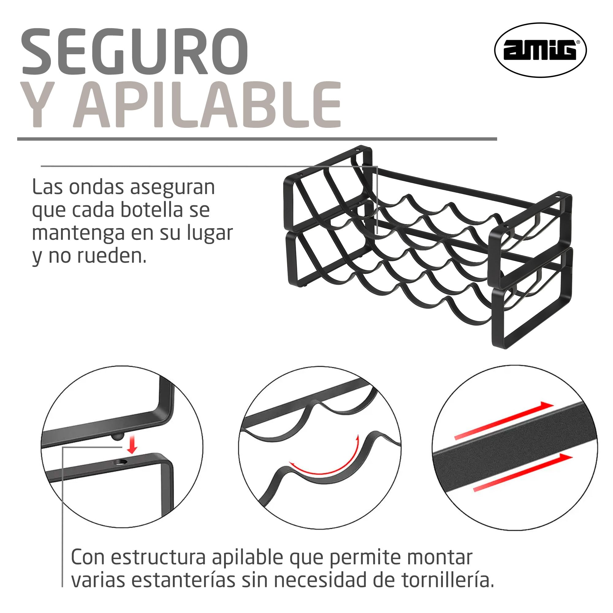 Amig - Botellero Apilable para 8 Botellas - Pack de 2 Estanterías de Acero Negro - Organizador para Botellas de Vino en Cocina, Despensa, Comedor o Bodega - Medidas: 41 x 20,5 x 19 cm