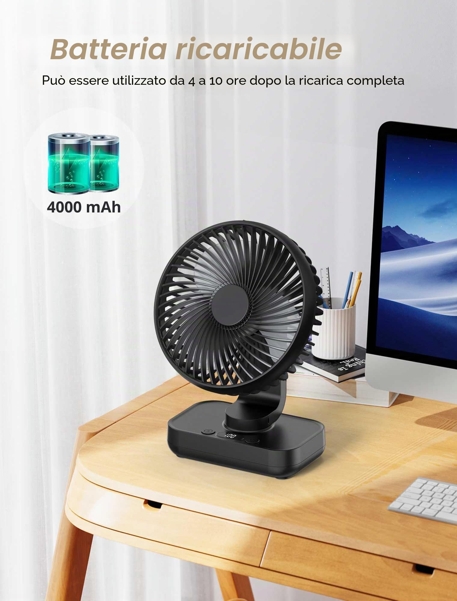 Ventilatore da tavolo silenzioso e automatico, oscillante, batteria da 4000 mAh, USB, piccolo, portatile, 4 velocità, display digitale a LED, per scrivania, casa, picnic e ufficio, 12 V,