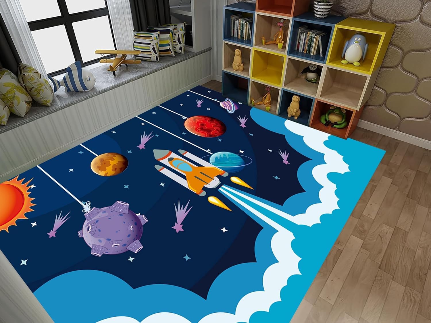 MUOUCTE Kids Room Area Rug, 180x260cm Galaxy Spaceship Indoor Area Carpet, Durable Cozy No Crease Non-Shedding Mat, Non-Slip Washable Living Room Bedroom Playroom Home Interior Decoration Rug — image 1