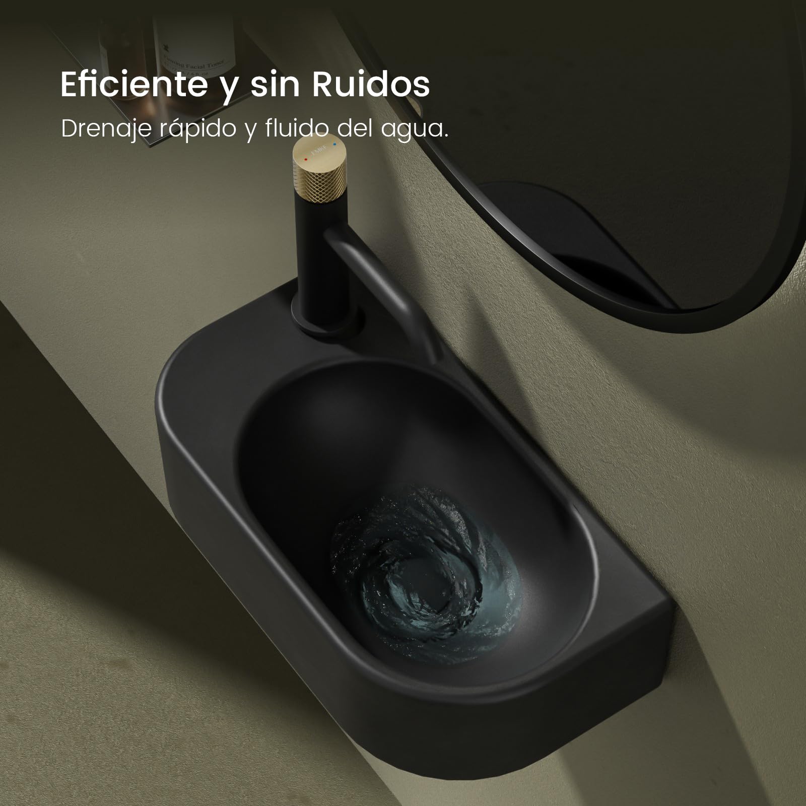 EMKE Lavabo de Cerámica 400 x 215 x 120 mm, negro mate,grifo a la izquierda | Lavamanos para montar, lavabo suspendido para fijar en la pared para WC de invitados y baño, pequeño