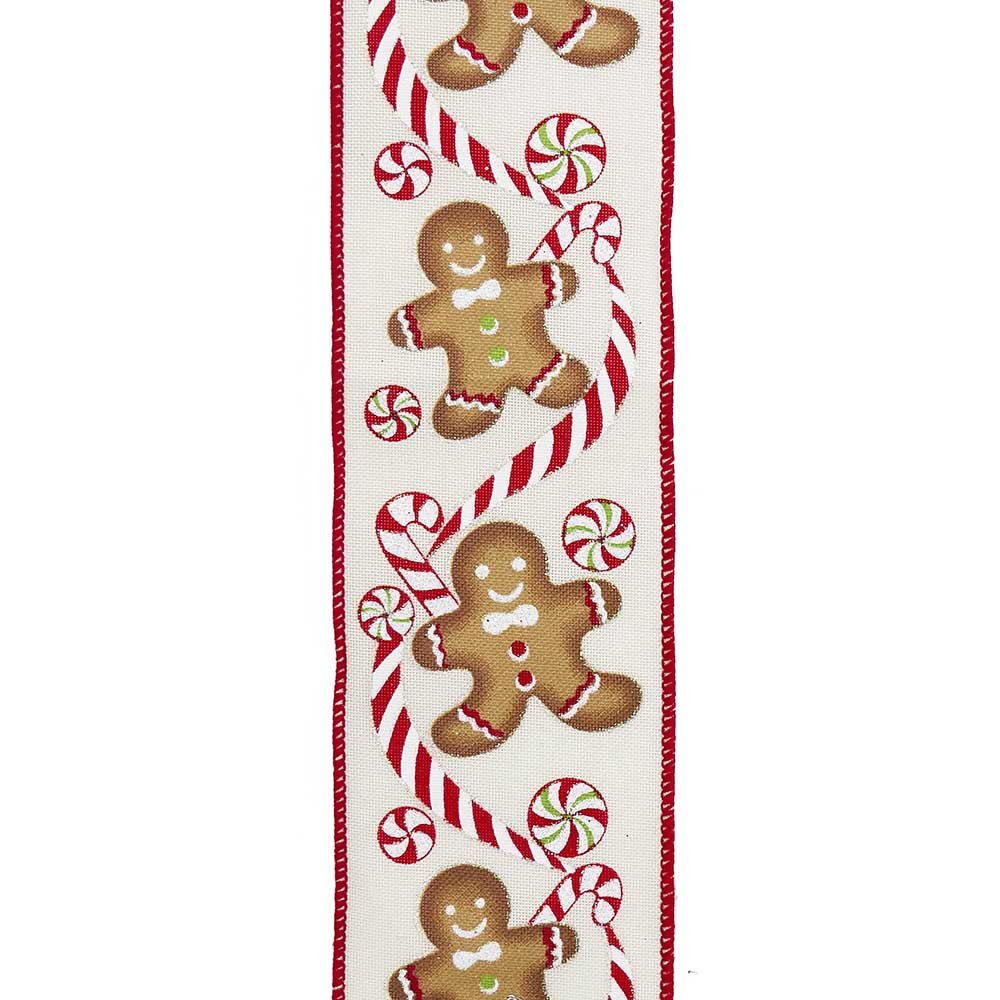 Kurt S. Adler Kurt Adler 10-Yard Woven White Fabric Gingerbread Men & Peppermint Candy Pattern Ribbon