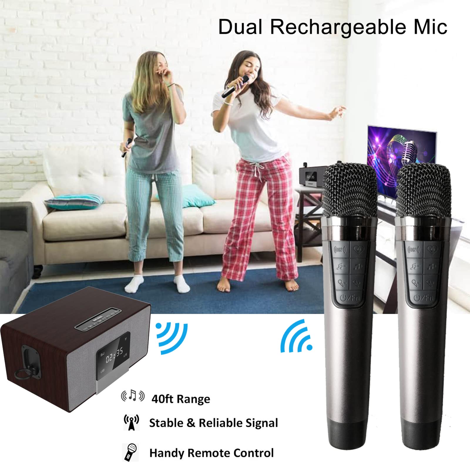 Sistema di Altoparlanti PA per Canto Bluetooth, Macchina per Karaoke per Adulti e Bambini con 2 microfoni Wireless UHF, Regolazione Bassi/acuti, per TV, casa, Karaoke, Feste di Canto