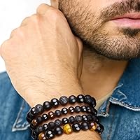 Vista 95 de Black Beaded Bracelets for Men Boys: 6mm Obsidian Onyx Lava Beads Mens Bracelet Set Mens Jewelry - Cool Anniversary Valentines Fathers Birthday