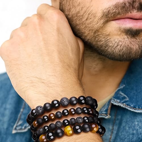 Miniatura 95 de Black Beaded Bracelets for Men Boys: 6mm Obsidian Onyx Lava Beads Mens Bracelet Set Mens Jewelry - Cool Anniversary Valentines Fathers Birthday