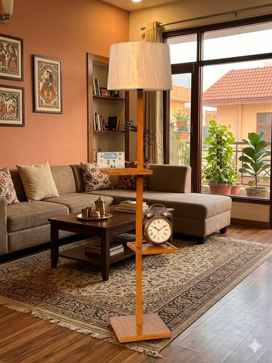 Wooden Floor Lamp for Living Room, with Side Shelf, Polish Wood Finish, Beige Fabric Shade-image-12