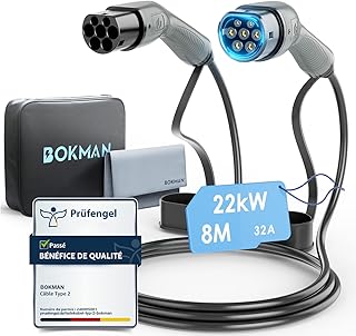 bokman Câble Recharge Voiture Electrique, Câble Type 2 (22kW/ 8 Mètres/Monophasée/ 32A) Câble Recharge Type 2 Rapide Compatible avec BEV/PHEV