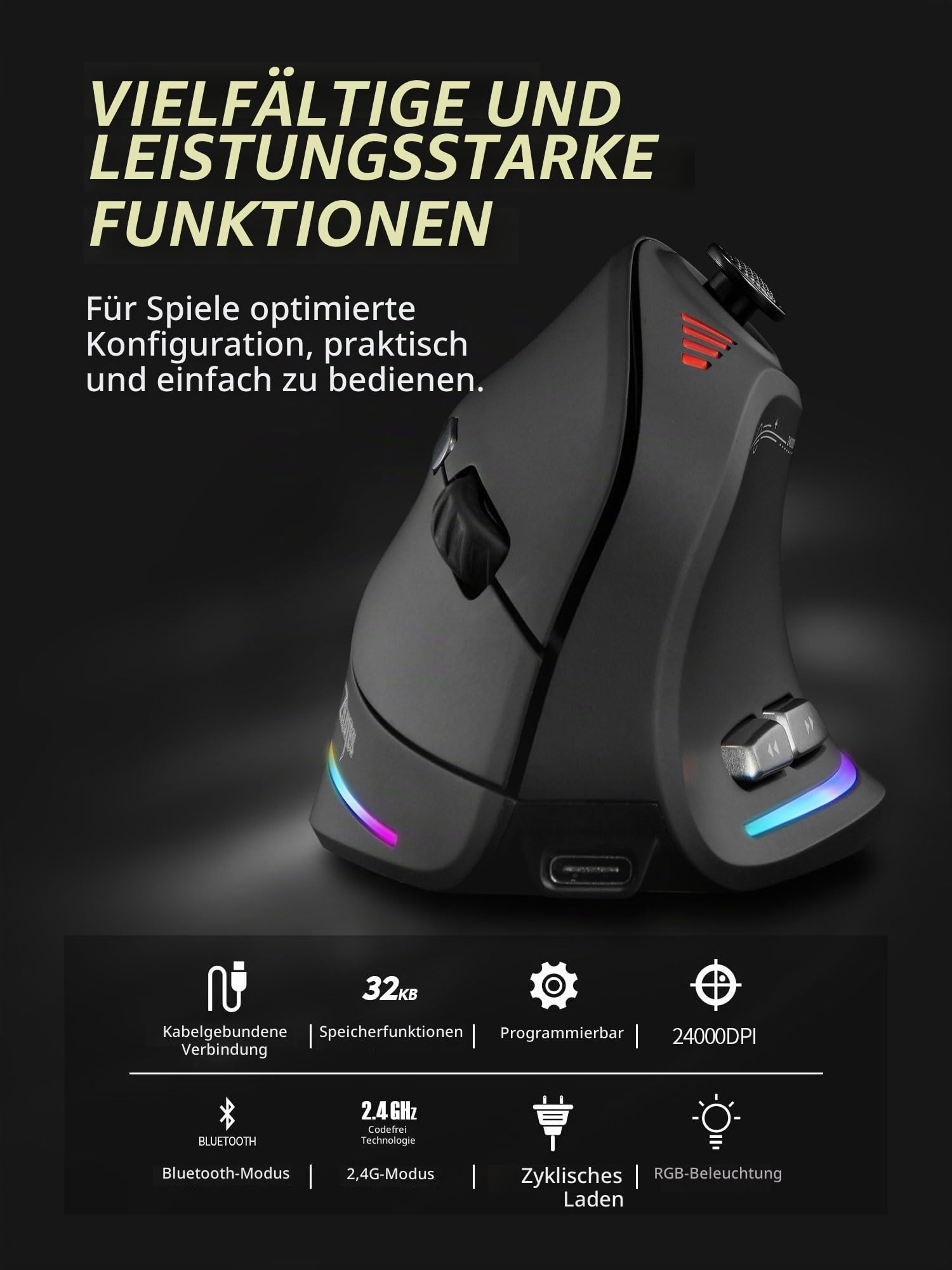 TKMARS Kabellose Ergonomische Maus mit Joystick, vertikale Bluetooth-Gaming-Maus, 12 programmierbare Tasten, 24000 einstellbare DPI, Gaming-Maus für PC, MacBook und Laptops
