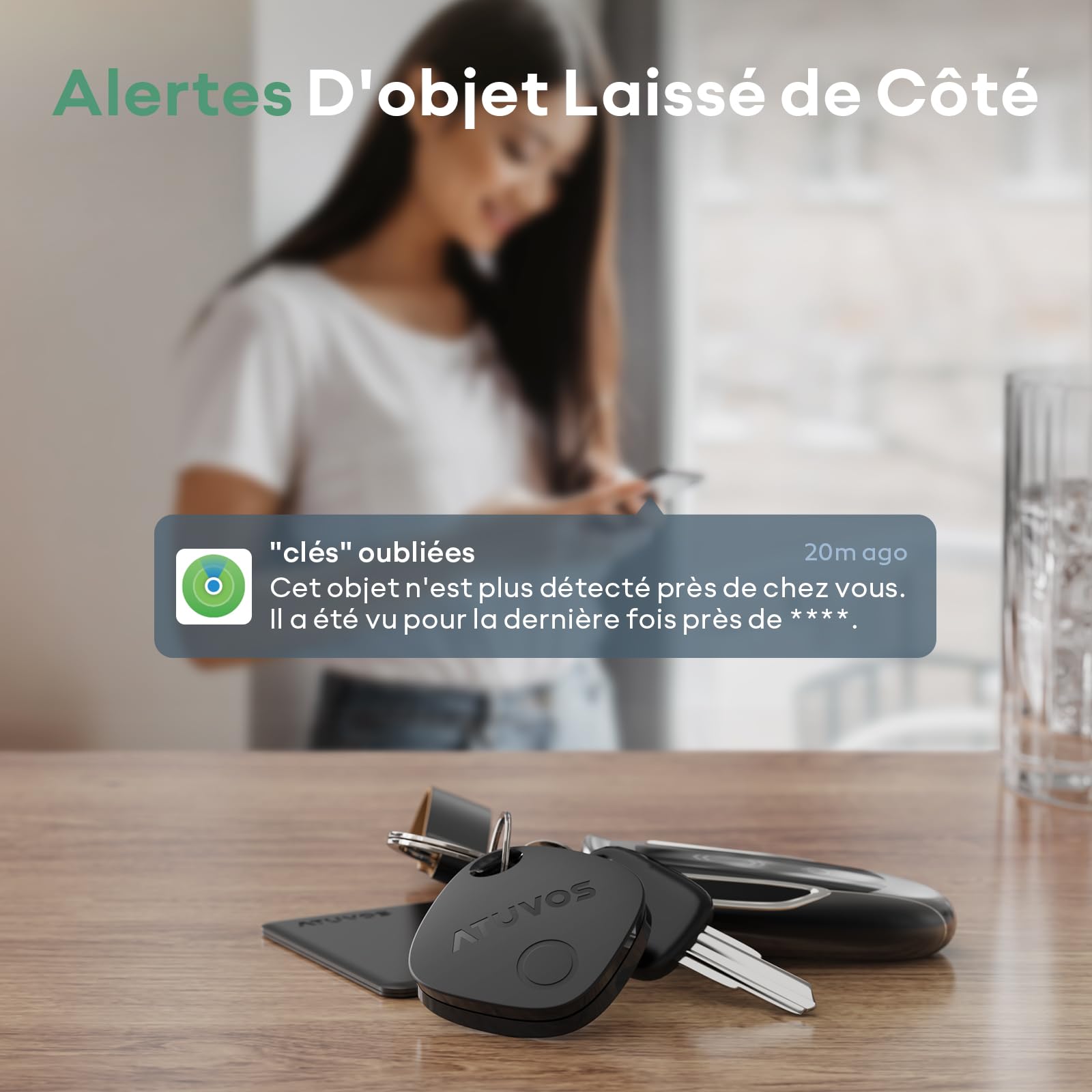 ATUVOS Air Tag Traceur Lot de 4, Fonctionne avec l’app Localiser Apple (Uniquement iOS), Localisateurs D’Objets Bluetooth pour Valises/Portefeuilles/Clés/Sacs/Bagages, Batterie Remplaçable, Noir