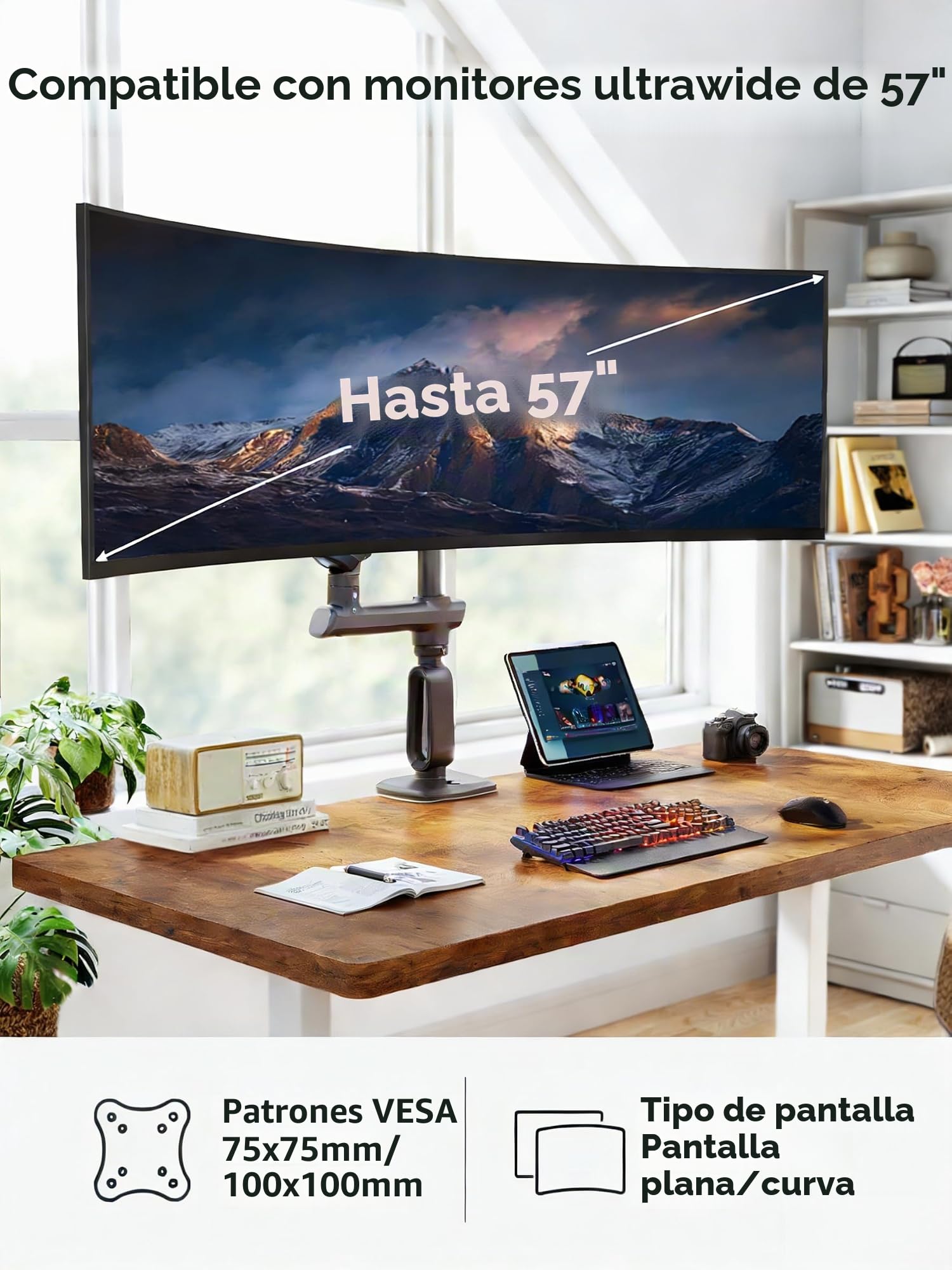 HUANUO Brazo de Monitor Resistente para Pantallas Ultra Anchas de 13 a 49 Pulgadas, soporta 18 kg, Soporte para Monitor de Juegos de Escritorio con Ajuste de Altura de 739 mm, VESA 75x75 100x100