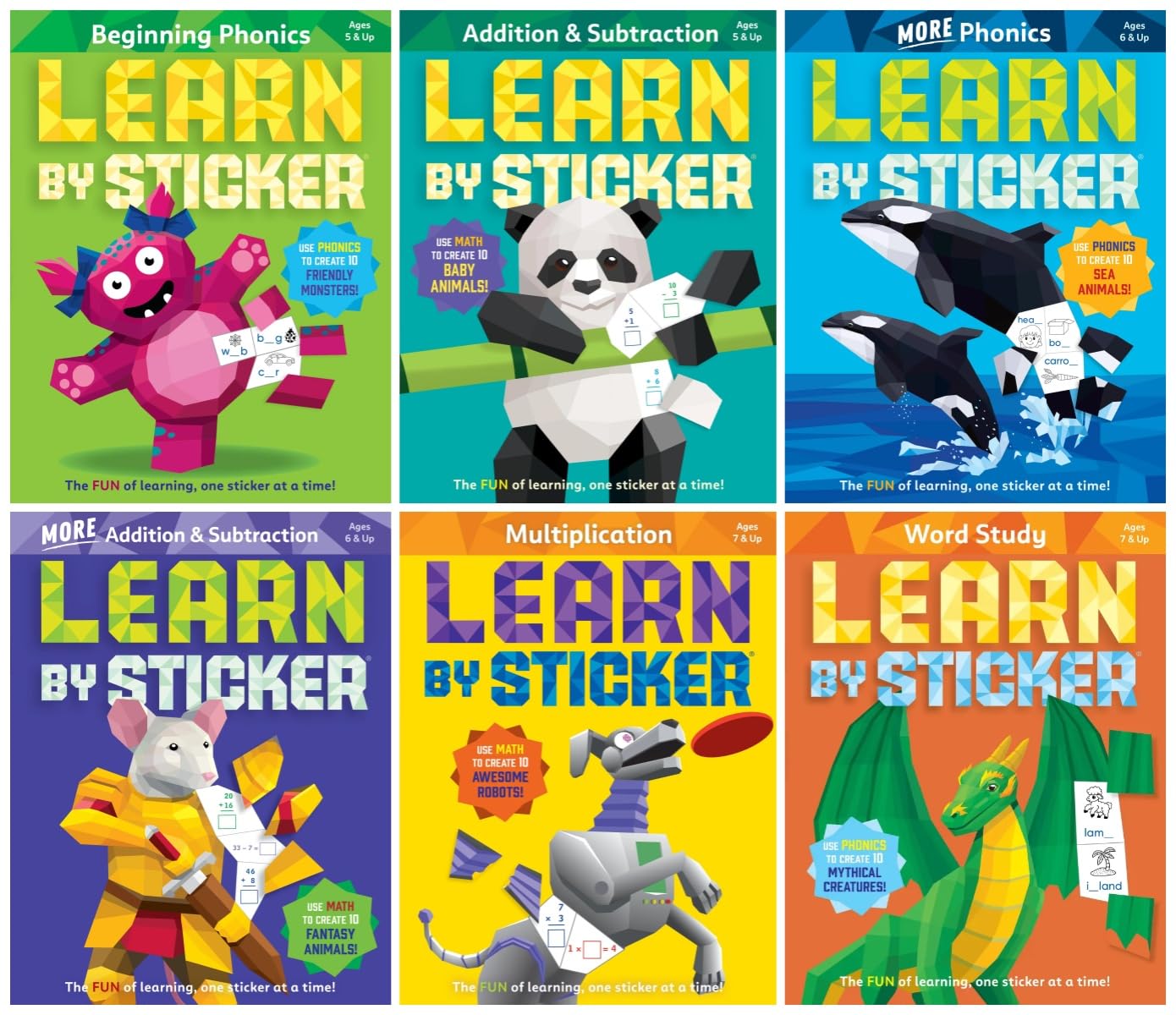 Learn by Sticker Series 6-Book Collection Set - Interactive Learning with Stickers for Early Elementary Skills - Beginning Phonics, More Phonics, Addition and Subtraction, More Addition & Subtraction