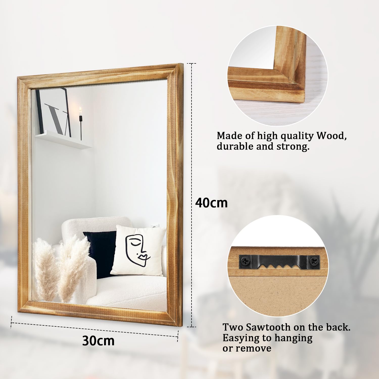 AAZZKANG Rustic Mirrors for Wall Rectangle Wood Frame Mirror Farmhouse Bedroom Bathroom Decorative Mirror - Image 2