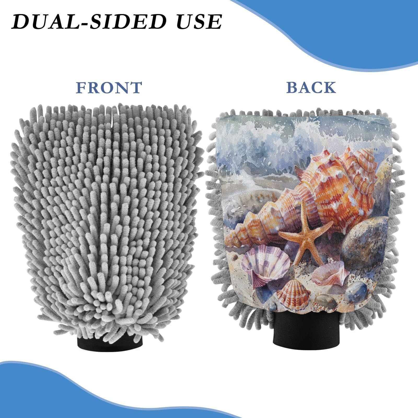 Kigai Beach Shells Car Wash Mitt Microfiber, 2Pcs Scratch Free Lint-Free, Premium Chenille Microfiber Mitt Car Wash Brush-L