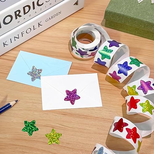 Miniatura 11 de 500 calcomanías de estrellas multicolor para recompensas infantiles, calcomanías holográficas de estrellas de 1 pulgada para bricolaje, Colorido