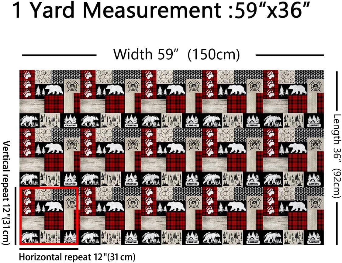 Rustic Cabin Lodge Bear Fabric by The Yard 2 Yard, Farm Decorative Waterproof Outdoor Fabric by The Yard for Kids Toddler Camping Hunting Upholstery Fabric for Plaid Farmhouse Lodge Outdoor