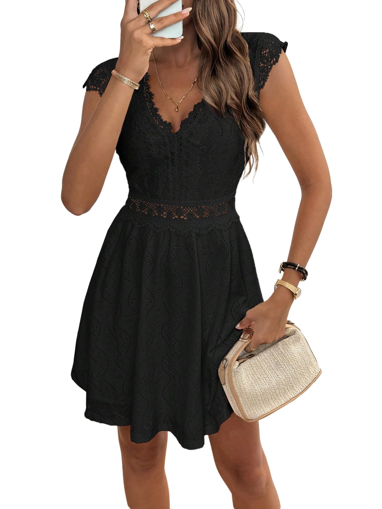 SweatyRocks Vestido de mujer elegante con líneas A, vestido de encaje con volantes, vestido corto de fiesta, vestido informal con cuello en V