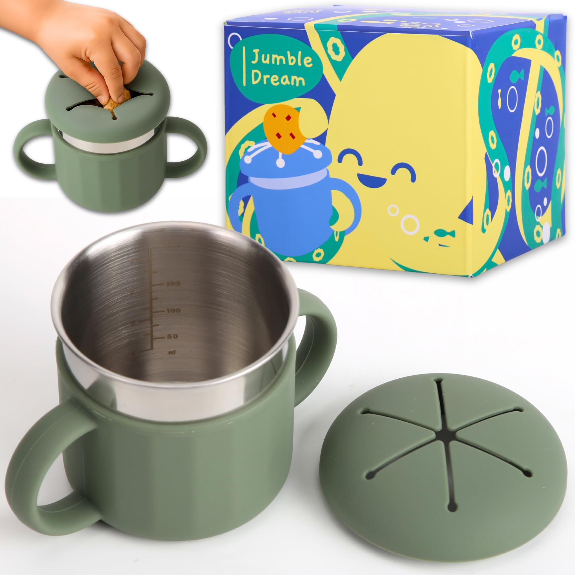 Jumble Dream Stainless Steel Baby Snack Cup for Toddlers Kids โ Spill-Proof Silicone Snack Container โ BPA-Free Non-Toxic Dishwasher Safe Food-Grade Stainless Steel for Baby Snacks 6m+ to 3+ Years