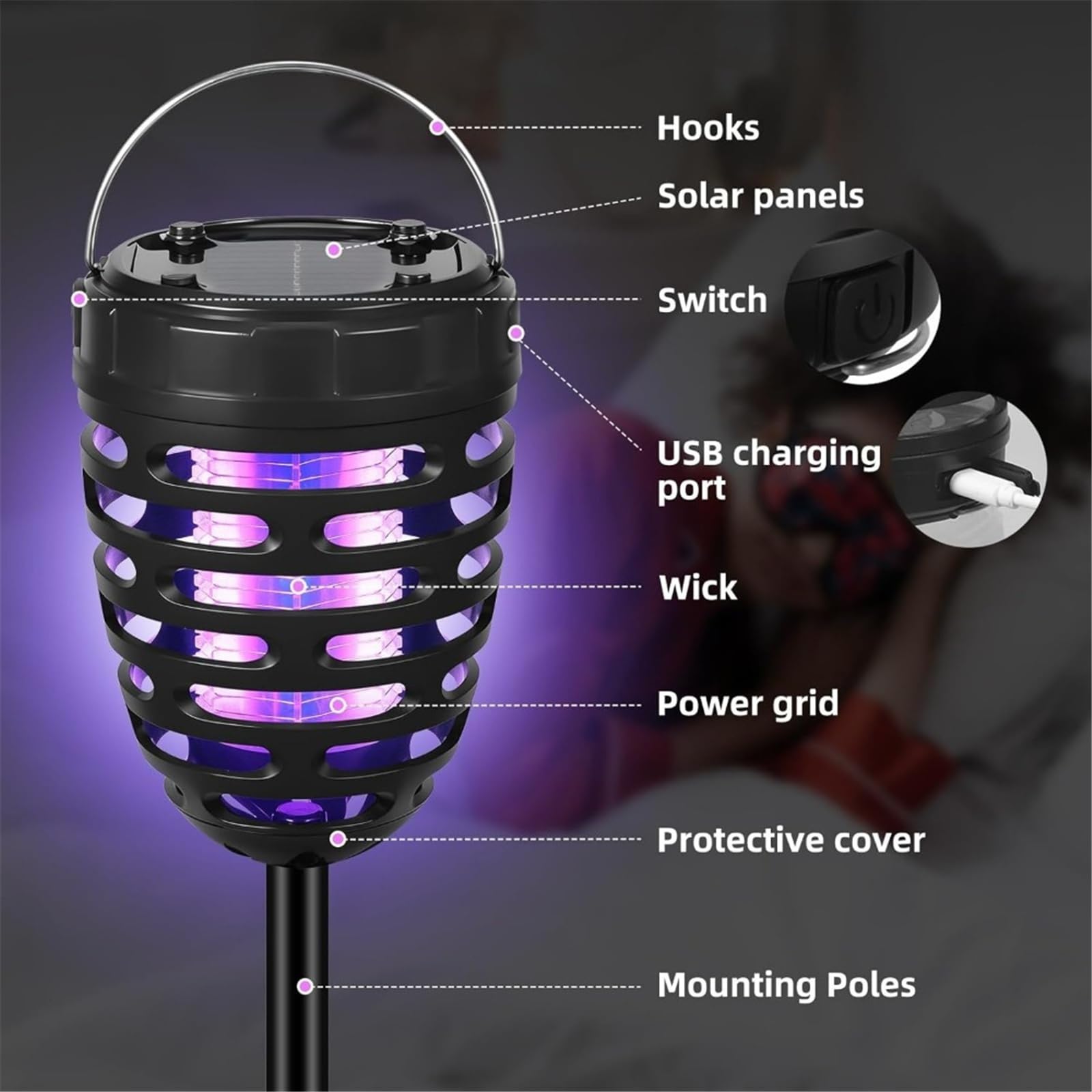 Lampada anti-zanzare solare potenziata da 2 pezzi, efficace per esterni, per patio e vialetti da giardino