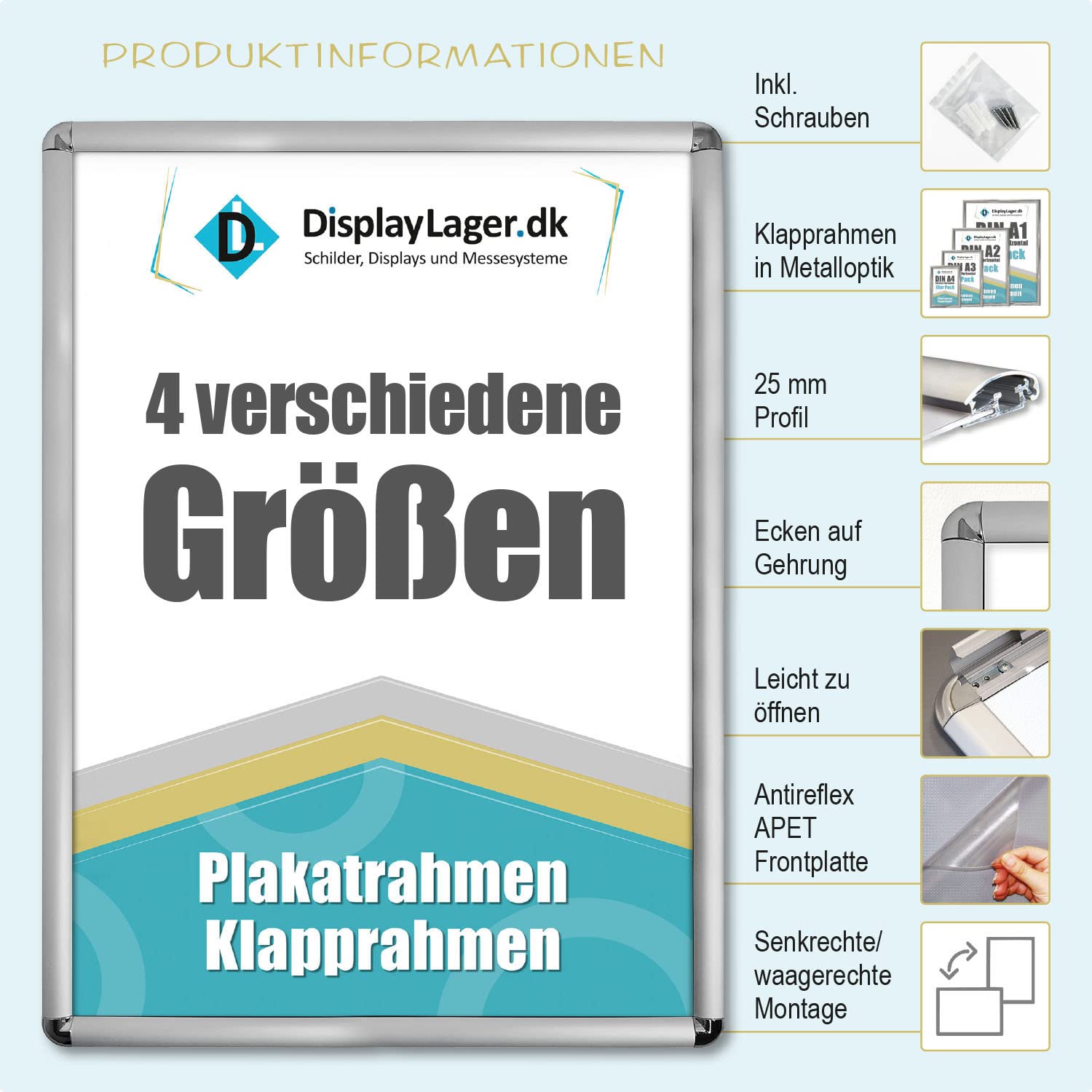 DisplayLager, Calidad danesa – Paquete ahorro de 5 unidades, color plateado, DIN A1 Rondo, marco plegable con perfil de aluminio de 25 mm, cristal protector antirreflectante, material de fijación