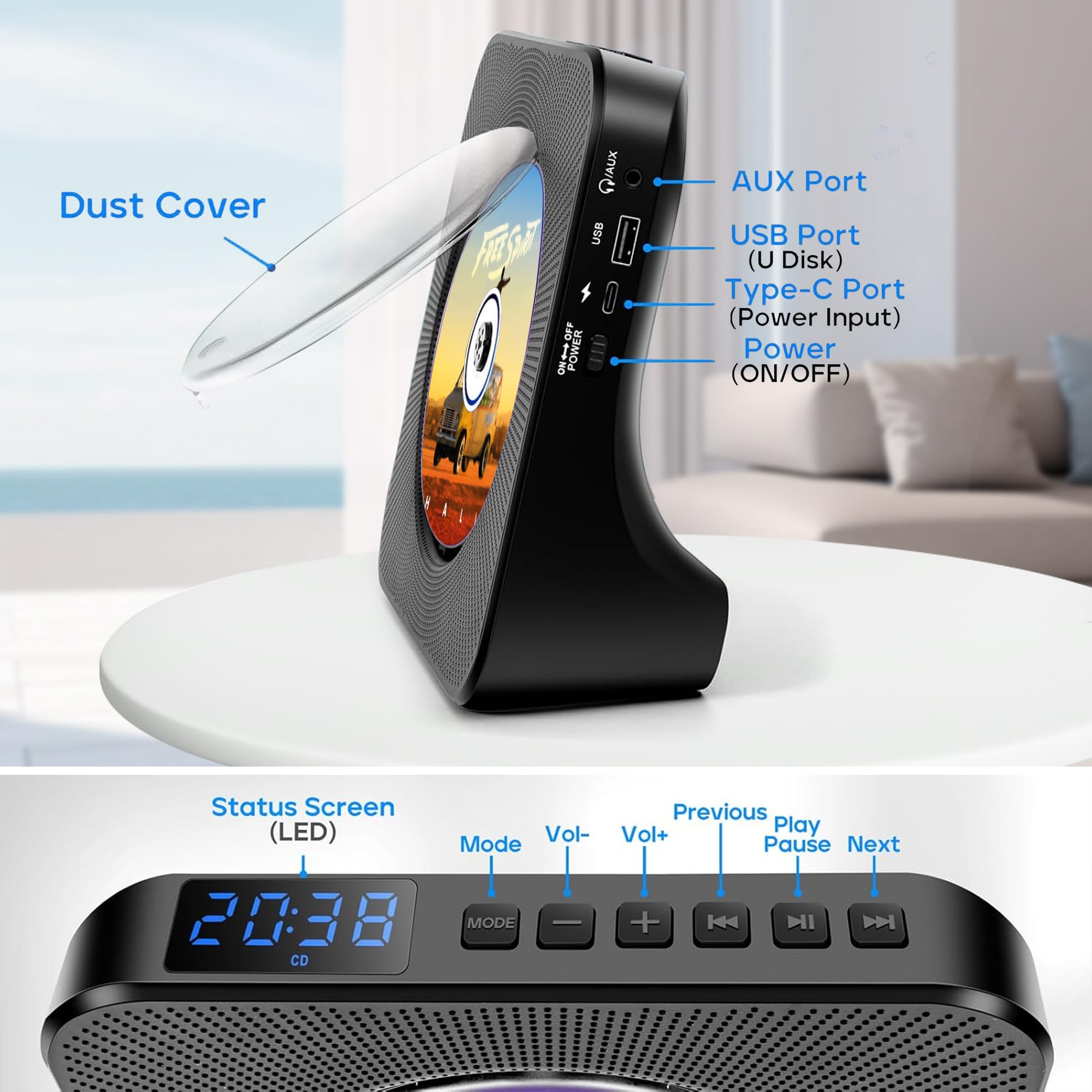 Lecteur CD Portable Bluetooth, 4000mAh Rechargeable pour Voiture, Poste CD HiFi avec télécommande, Connexion USB et AUX, FM Radio, CDs, Noir