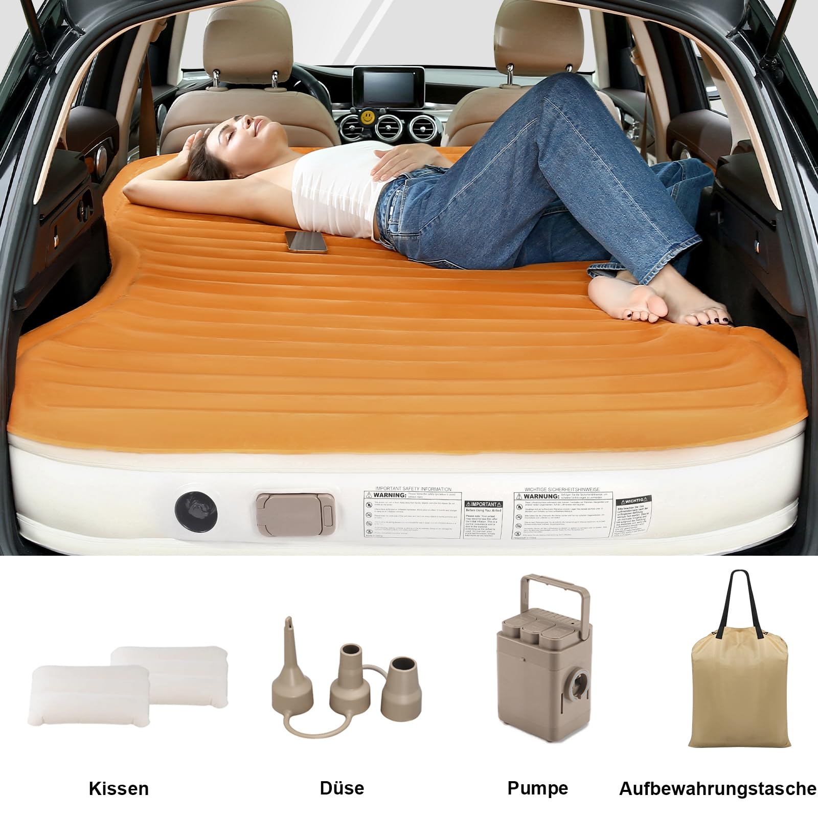 KMZ SUV-Luftmatratze mit eingebauter Pumpe und 2 Kissen, Dickes flockiertes PVC, schnelle 90-Sekunden-Inflation, tragbare und langlebige Auto-Luftmatratze für Camping, Reisen, LKW