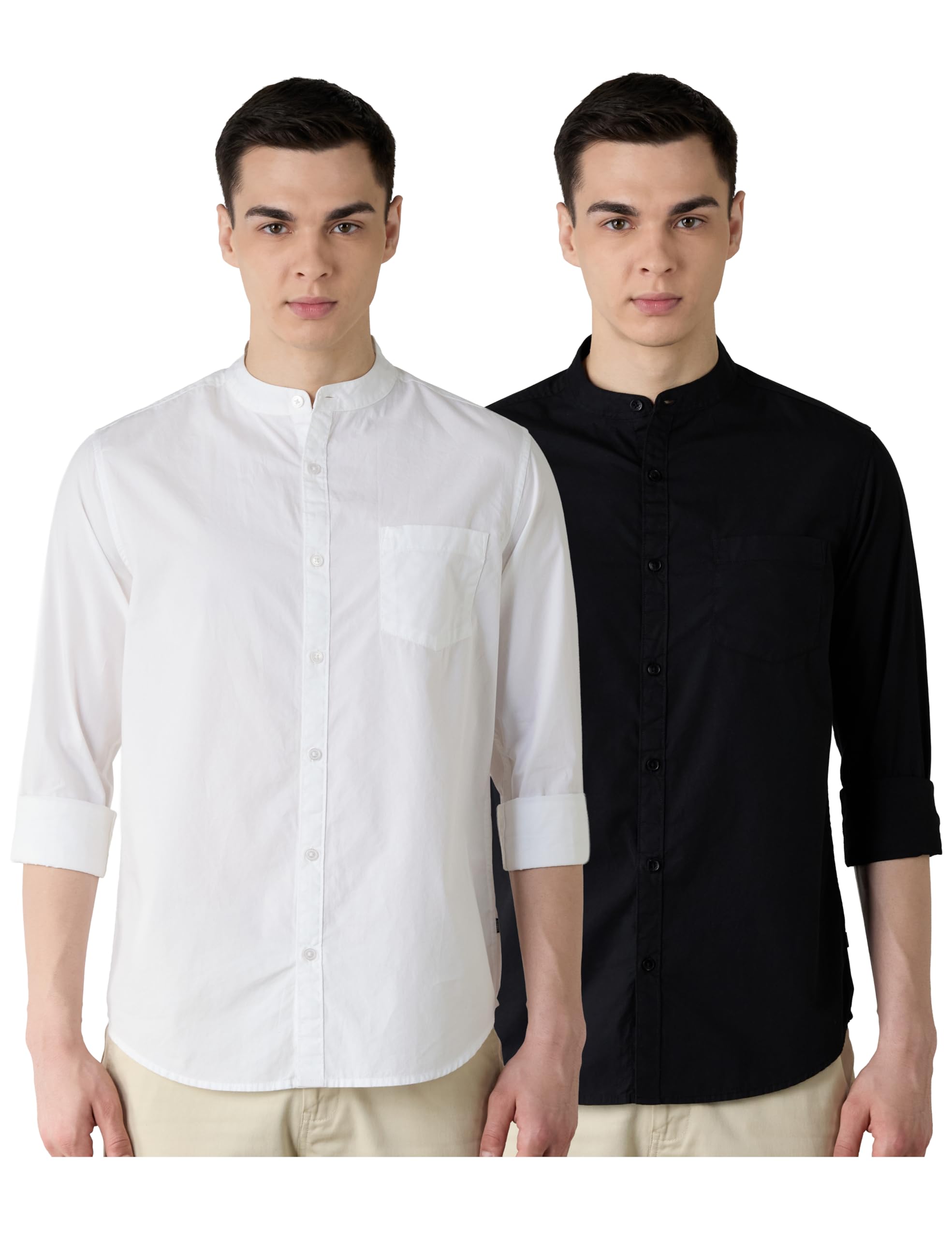 Amazon Brand - Symbol Men's Cotton Shirt | Chinese Collar | Casual | Plain | Full Sleeve | Summer - Regular Fit (Available in Plus Sizes)