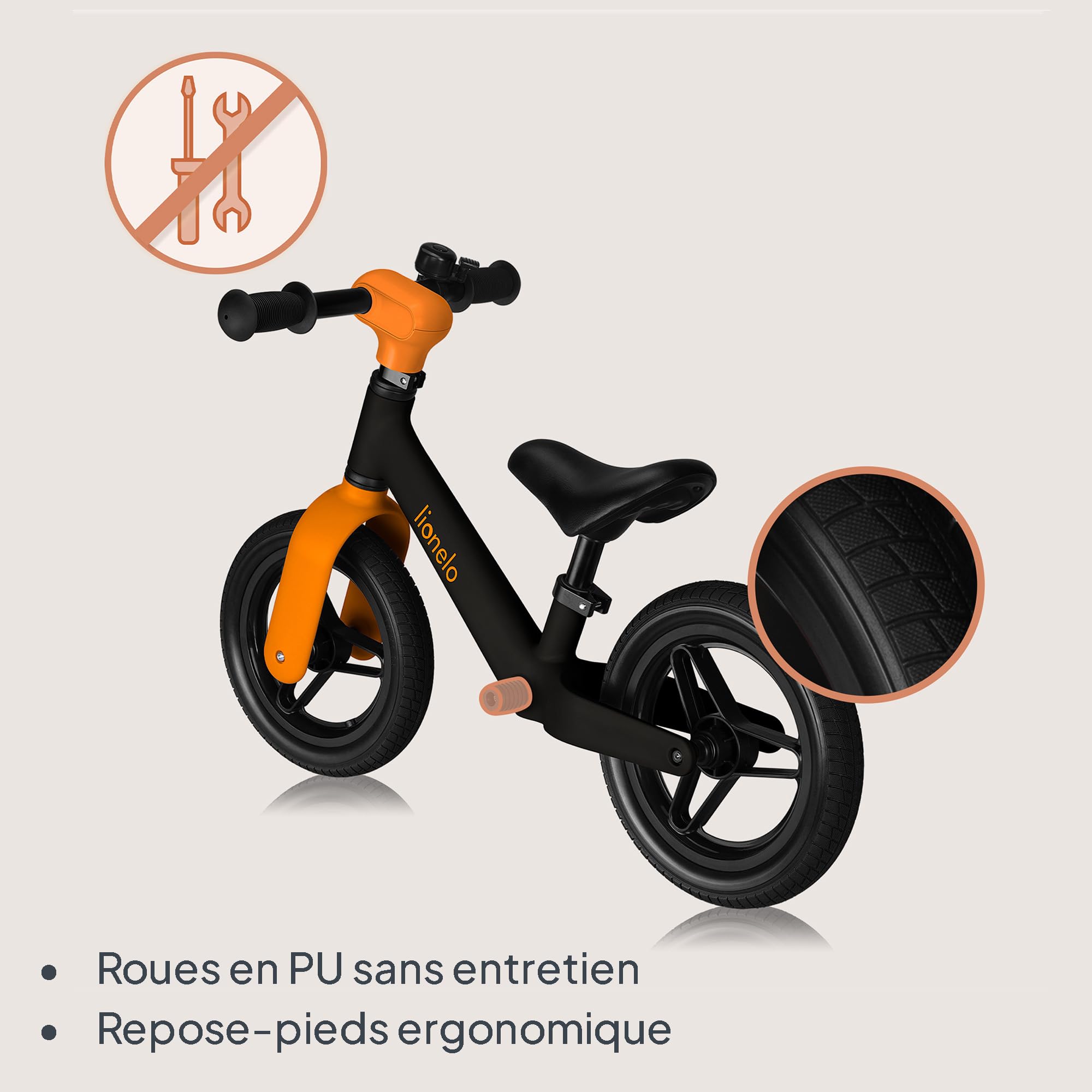 lionelo Toni Draisienne Enfants de 18 Mois à 30 kg, Roues en Caoutchouc PU 25 cm, Repose-Pieds Panier Siège et Guidon Réglables, Poignée Antidérapante, Poids Léger 2,3 kg, Sonnette