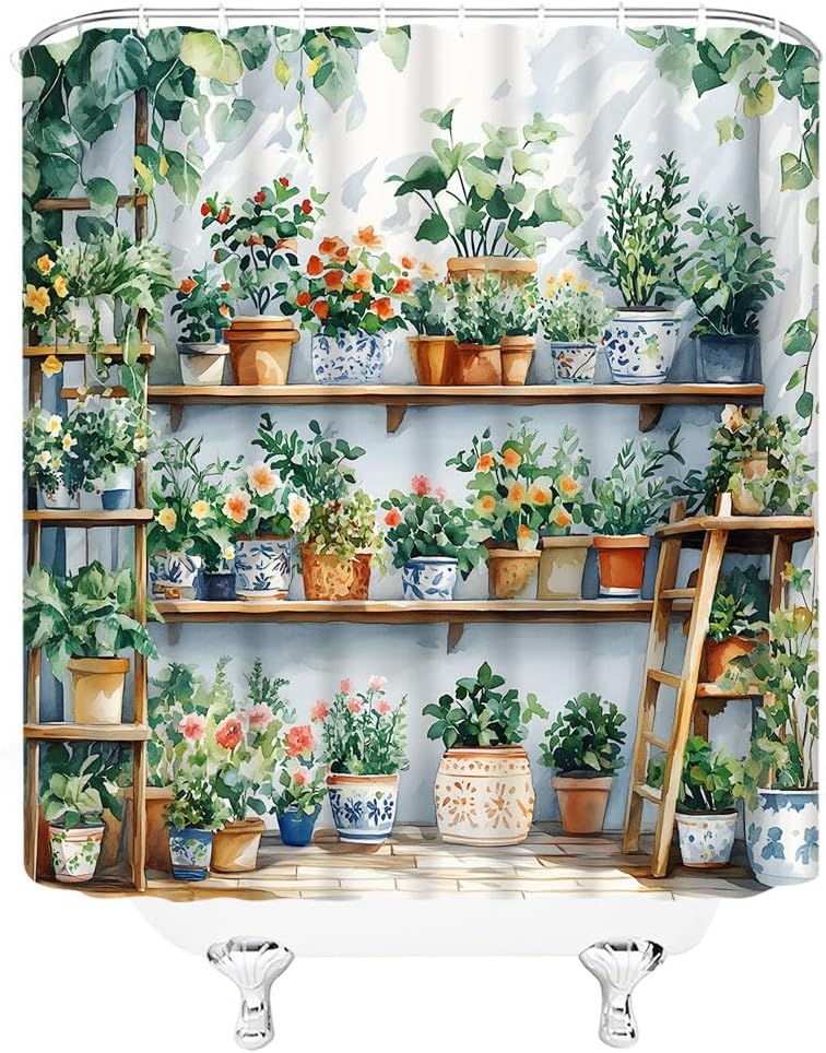 Potted Plant Shower Curtain Boho Cactus Green Botanical Rustic Tropical Leaves Watecolor Floral Succulent Spring Garden Modern Nature Bright Bathroom Decor Fabric Curtains with Hooks