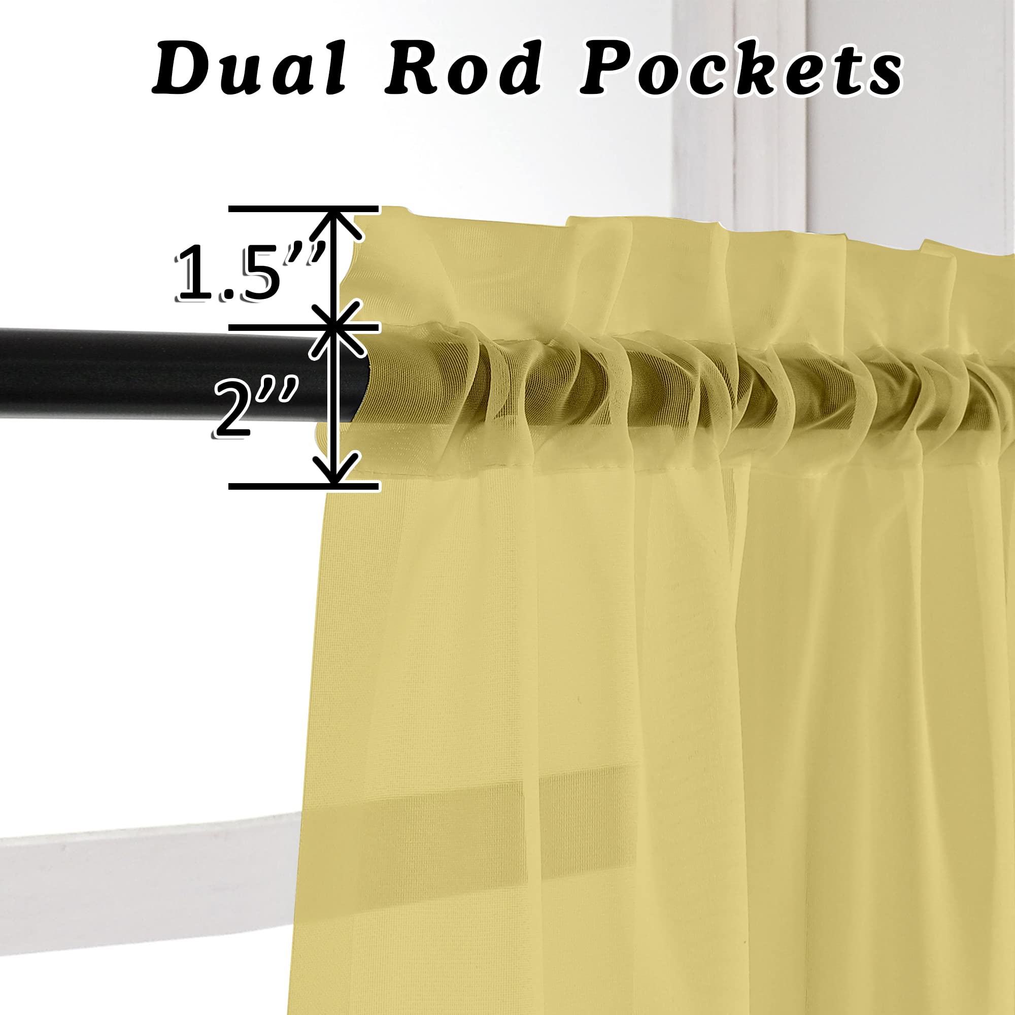 OVZME Mustard Yellow Sheer Curtains 96 Inches Long 2 Panels - Image 3