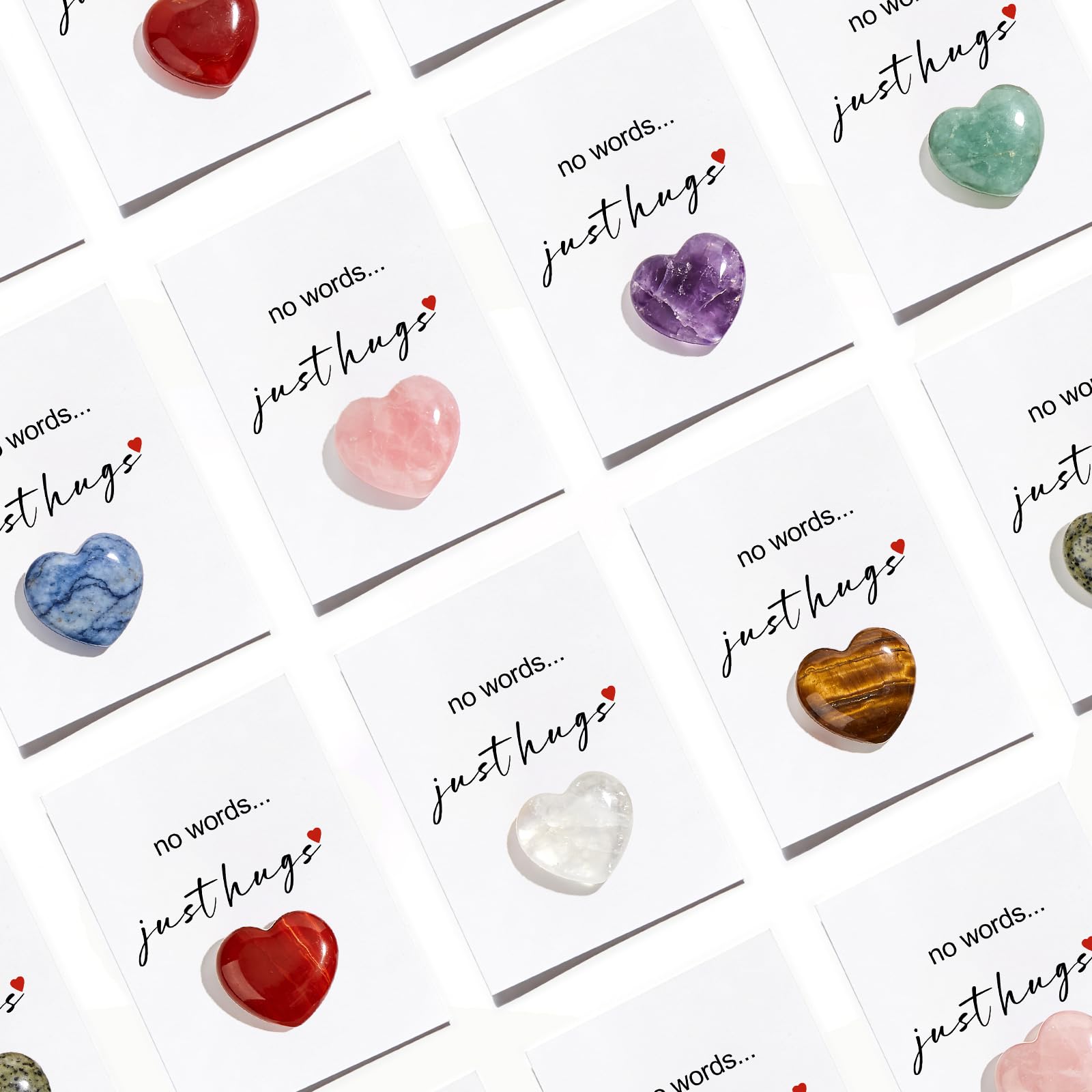 FIIMO No Words Just Hugs Cards with Heart Shape Crystals Stones 24Packs Greeting Cards Keepsake Exchange Card Relationship Gift for Colleagues Family