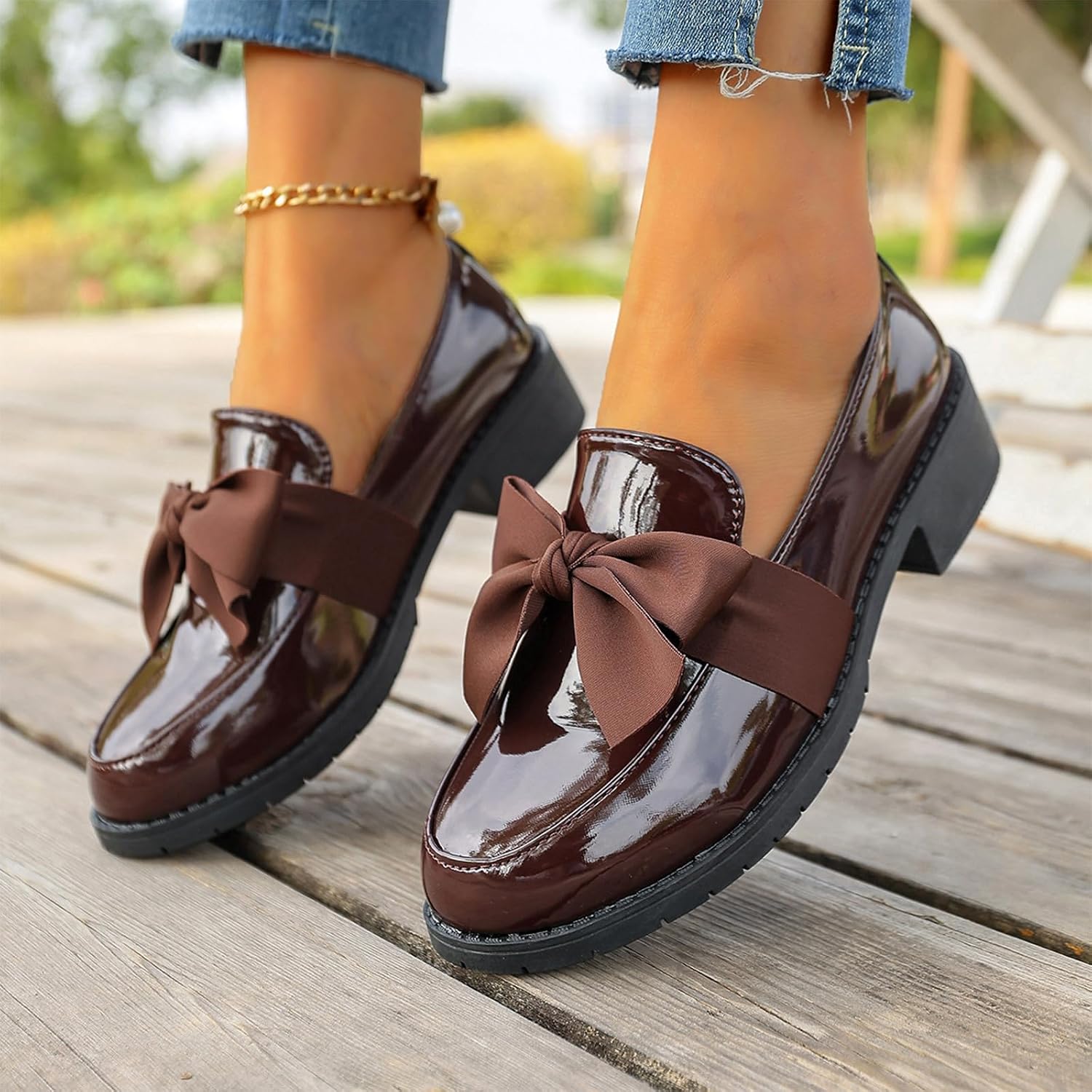 Patent Leather Bow Loafers for Women Comfort Round Toe Slip On Anti Slip Low Chunky Heel Penny Loafers for Work Daily Casual Dressy