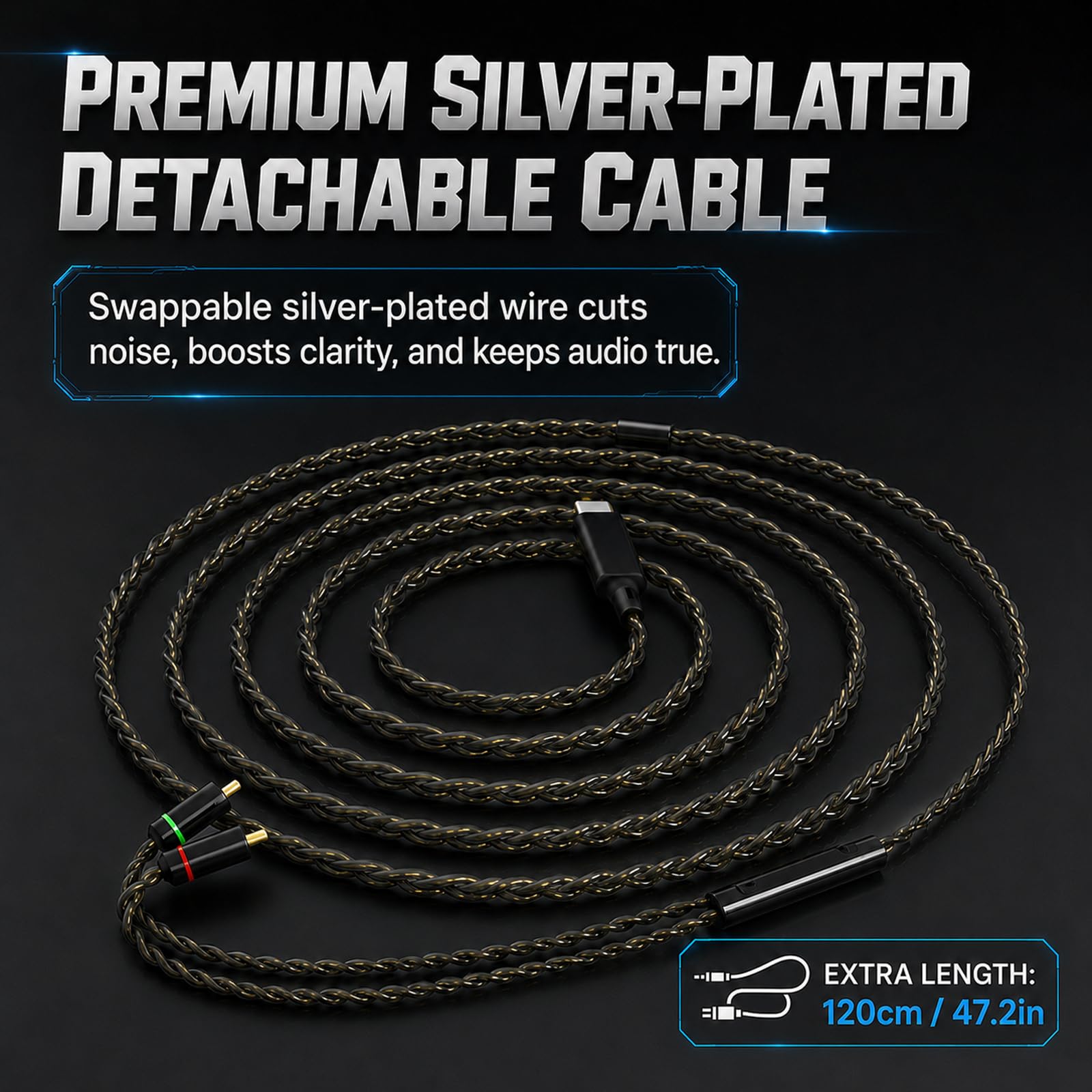 Cuffie in-ear monitor con microfono, auricolari da gioco cablati con cavo staccabile placcato argento a 2 pin, HiFi Hybrid IEM, per giocatore/cantante/musicisti, audiofili/batteristi