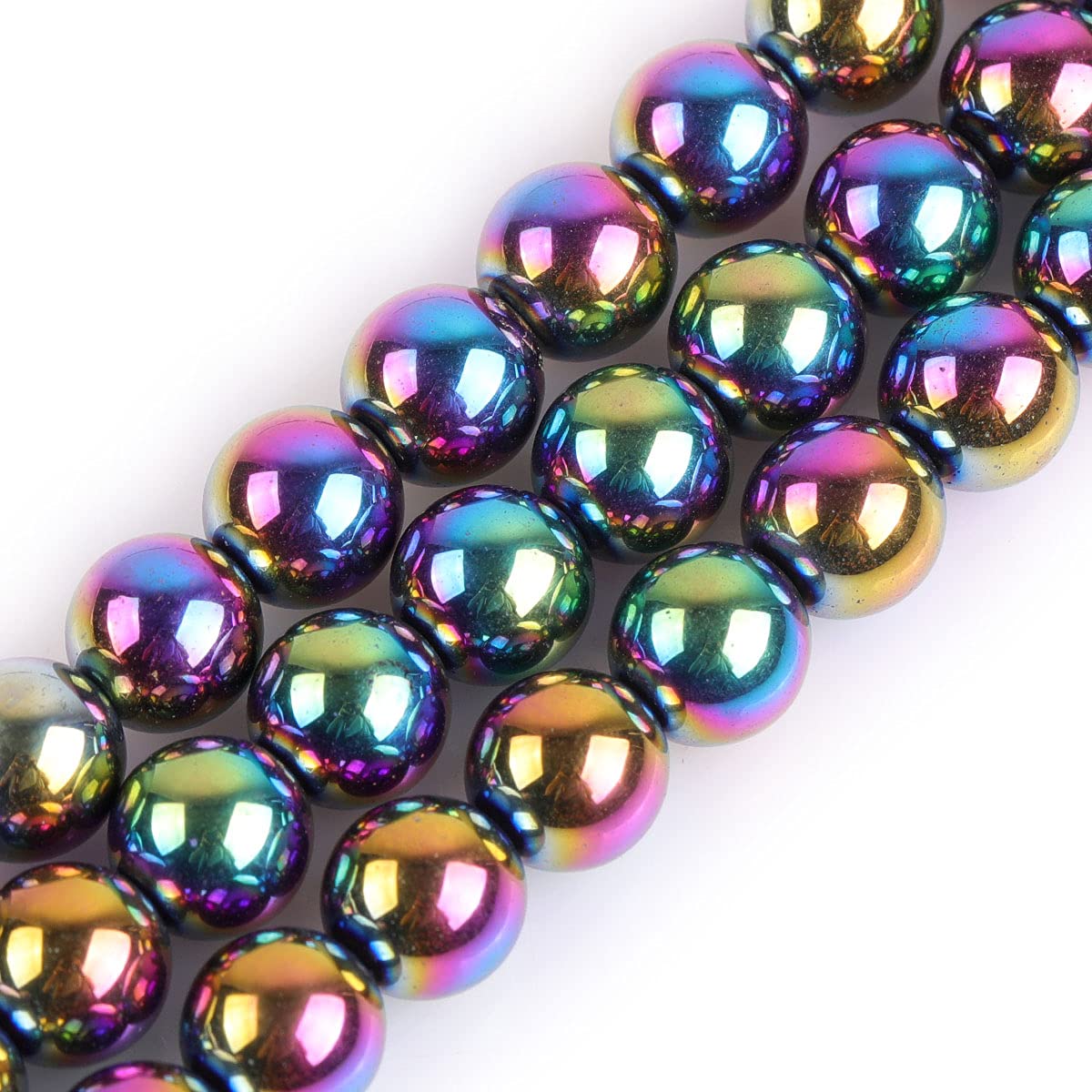 GEM-Inside Natural 8mm Non-Magnetic Multicolor Metallic Coated Hematite Round Gemstone Semi Precious Loose Beads for Jewellery Making 15''
