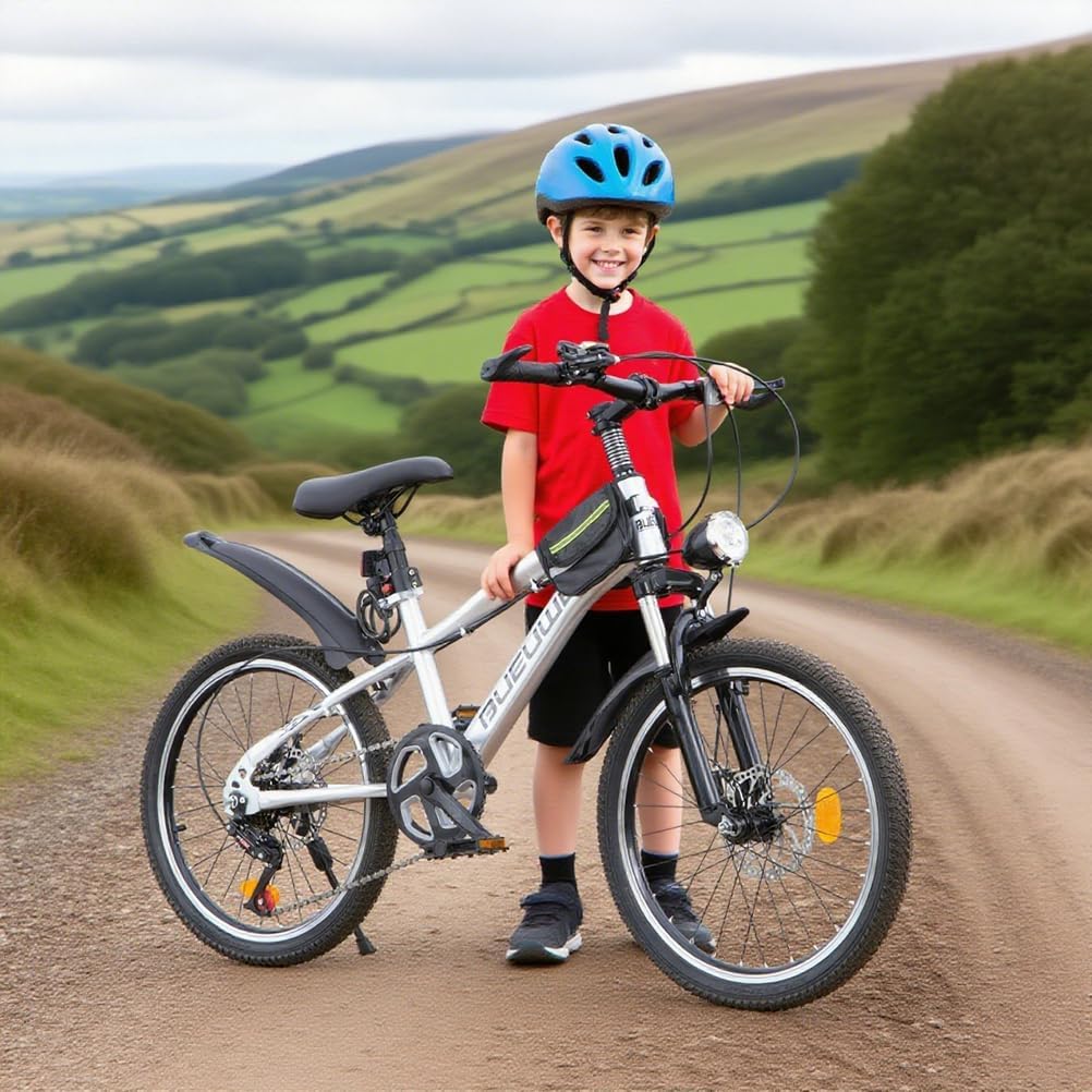 Bueuwe 20 24 Inch Kids Mountain Bike, Children Bicycles for Boys and Girls Ages 6-12, 7 Speed Teenager Bikes with Disc Brakes, Adjustable Handlebars and Seat, Kickstand (Silver, 20 Inch)