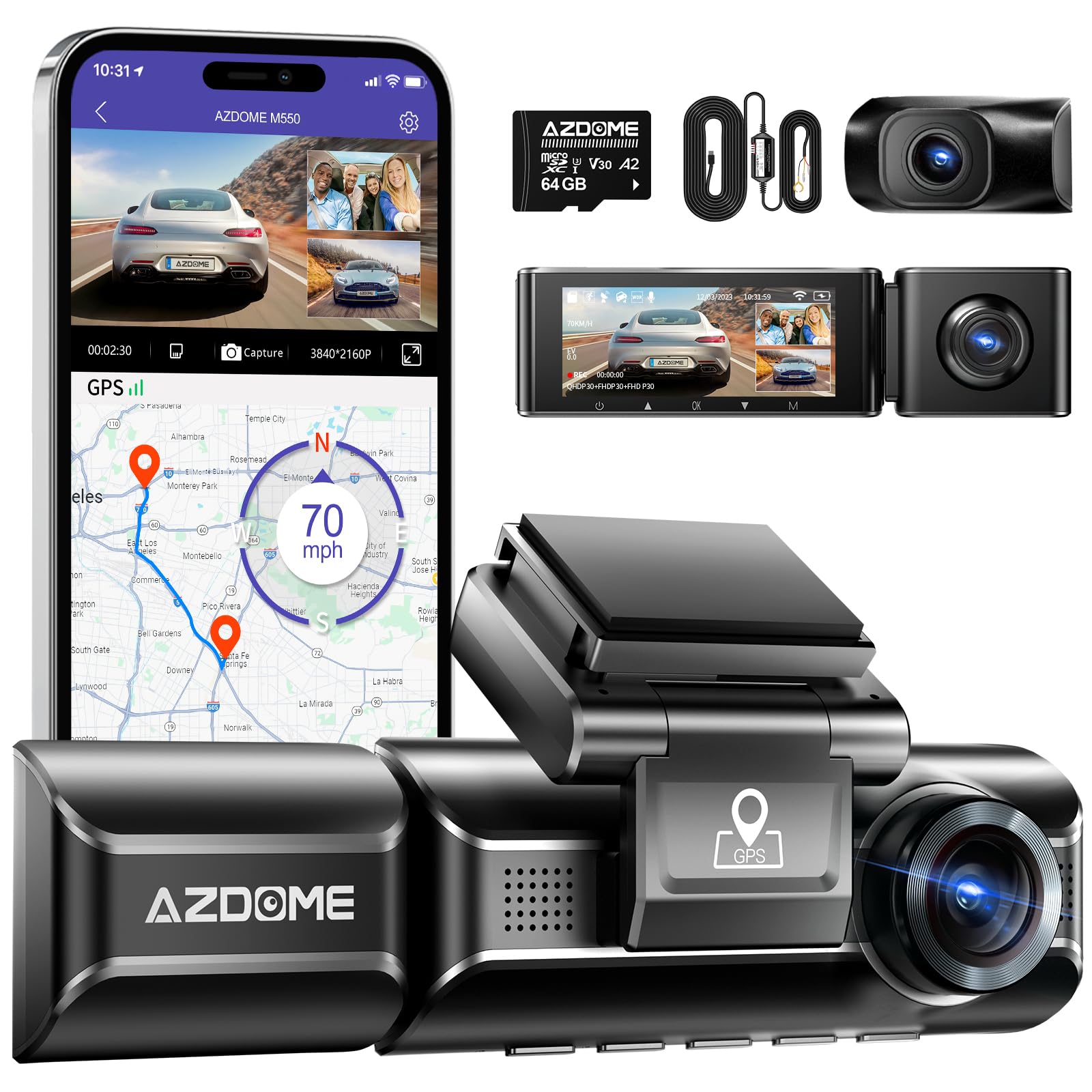Amazon.com: AZDOME M550 3 Channel Dash Cam with 3-Lead Type-C USB