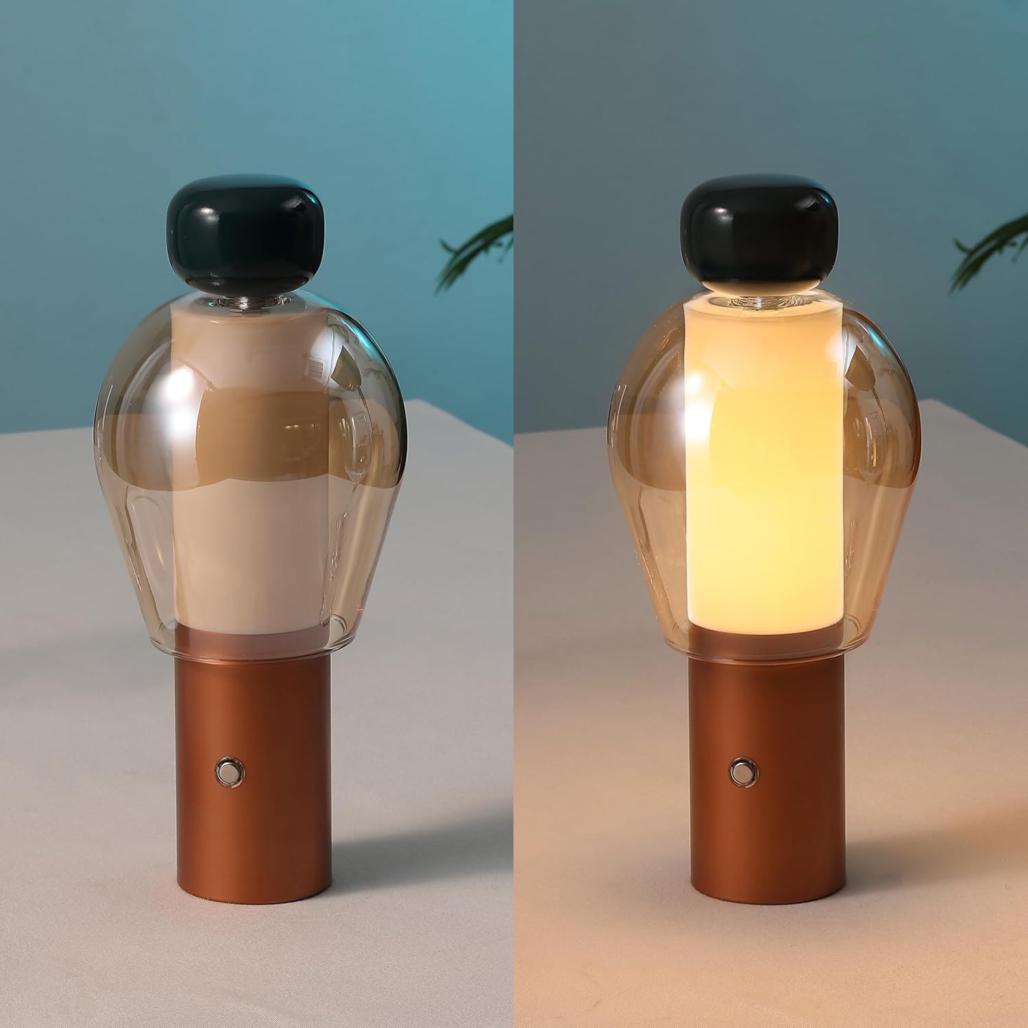 JONATHAN Y 10.75" Dark Green/Copper/Amber Modern Glam Rechargeable Cordless LED Lamp, Dimmable Touch Sensor Accent Light for Living Room, Amber Glass Shade (JYL7161C)