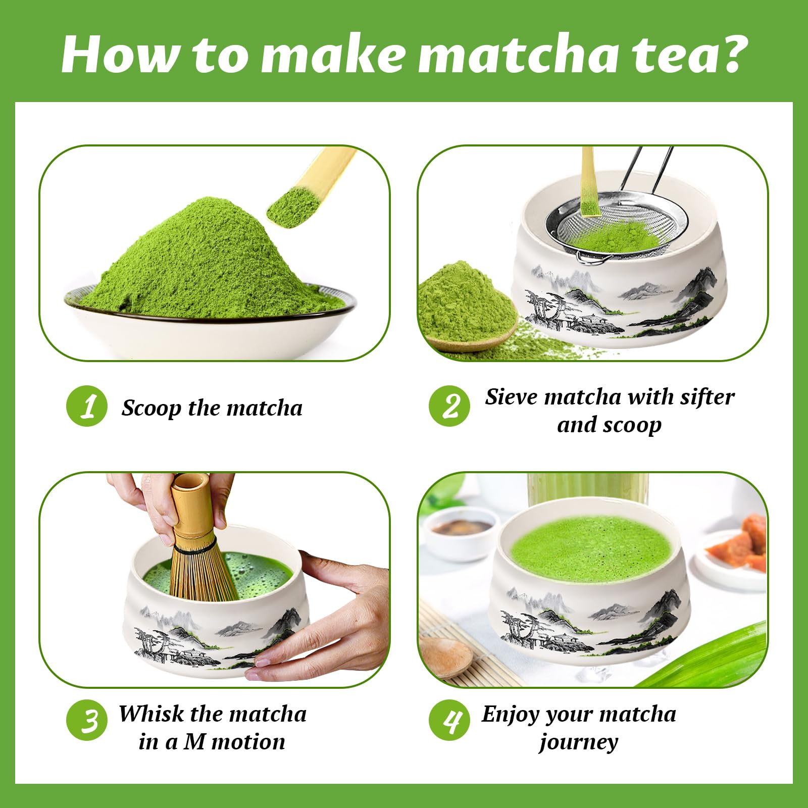 Zestaw do matchy, japoński herbaty, miska, szufelka, sitko, uchwyt na miotłę do matchy, zestaw herbaty Matcha (Czarno-biały krajobraz)