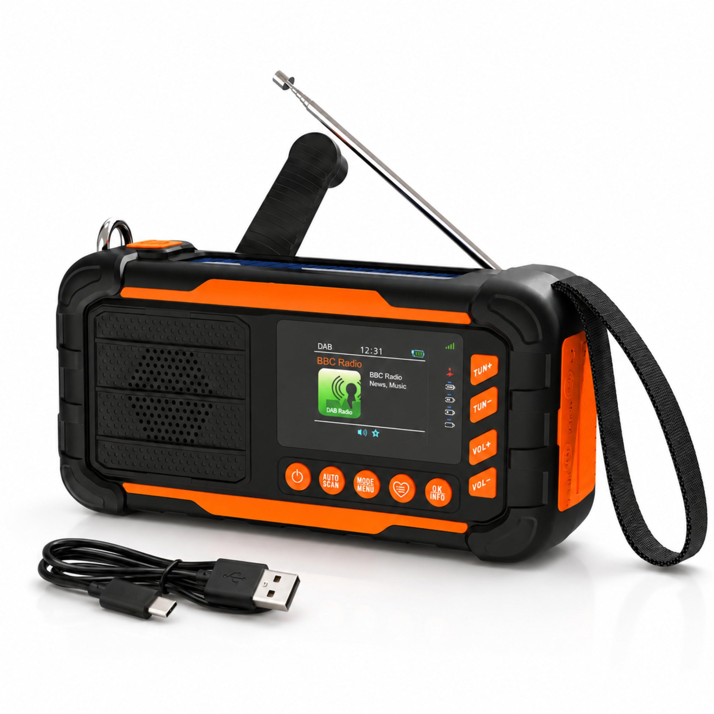 ration1 DAB+ Radio Kurbelradio Notfallradio mit Powerbank, Solar & Kurbel | 10.000 mAh, 80 h Laufzeit, USB-C, Bluetooth 5.3, 2 Zoll Display, Radiowecker, SOS, AA-Reserve, ASA Funktion, Baustellenradio