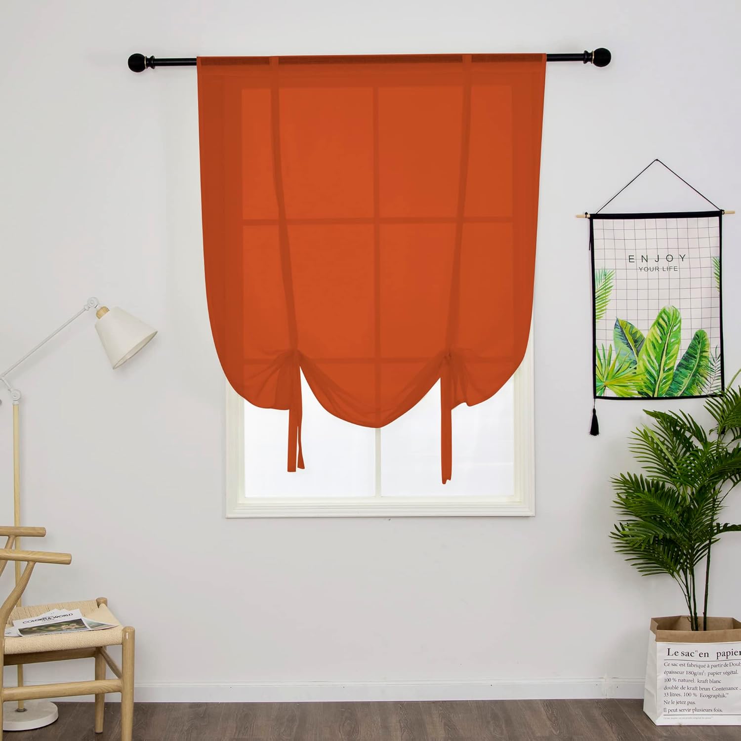 SIMPVALE 1 Panel Roman Shade with Rod Pocket Top Semi Sheer Tie Up Balloon Shade Curtain for Kitchen Balcony Bathroom (W 47.2" x L 55.1", Orange)
