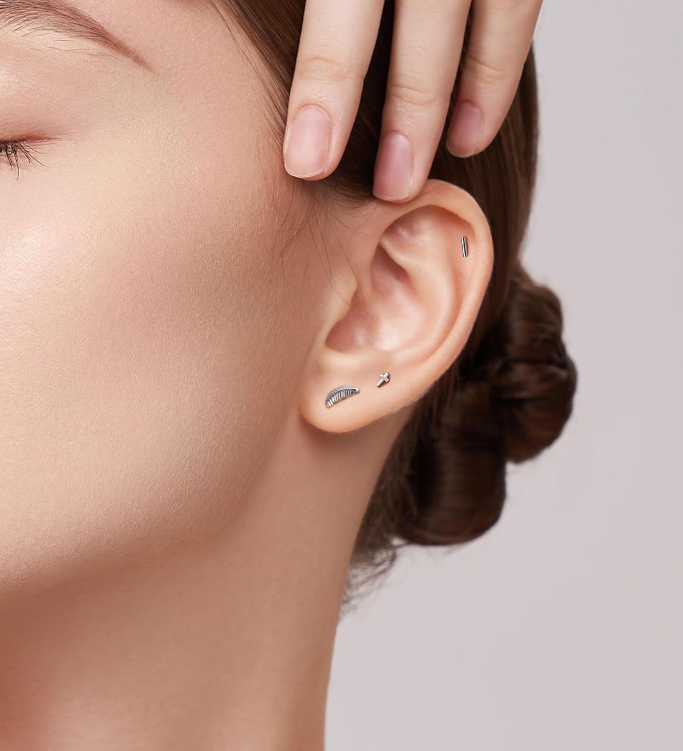 14K Gold Stud Earrings for Women 20g Leaf Cross Bar Handmade Flat Back Earrings Hypoallergenic Nap Screw Back Cartilage Earrings Tragus Helix Piercing Jewelry - Image 9