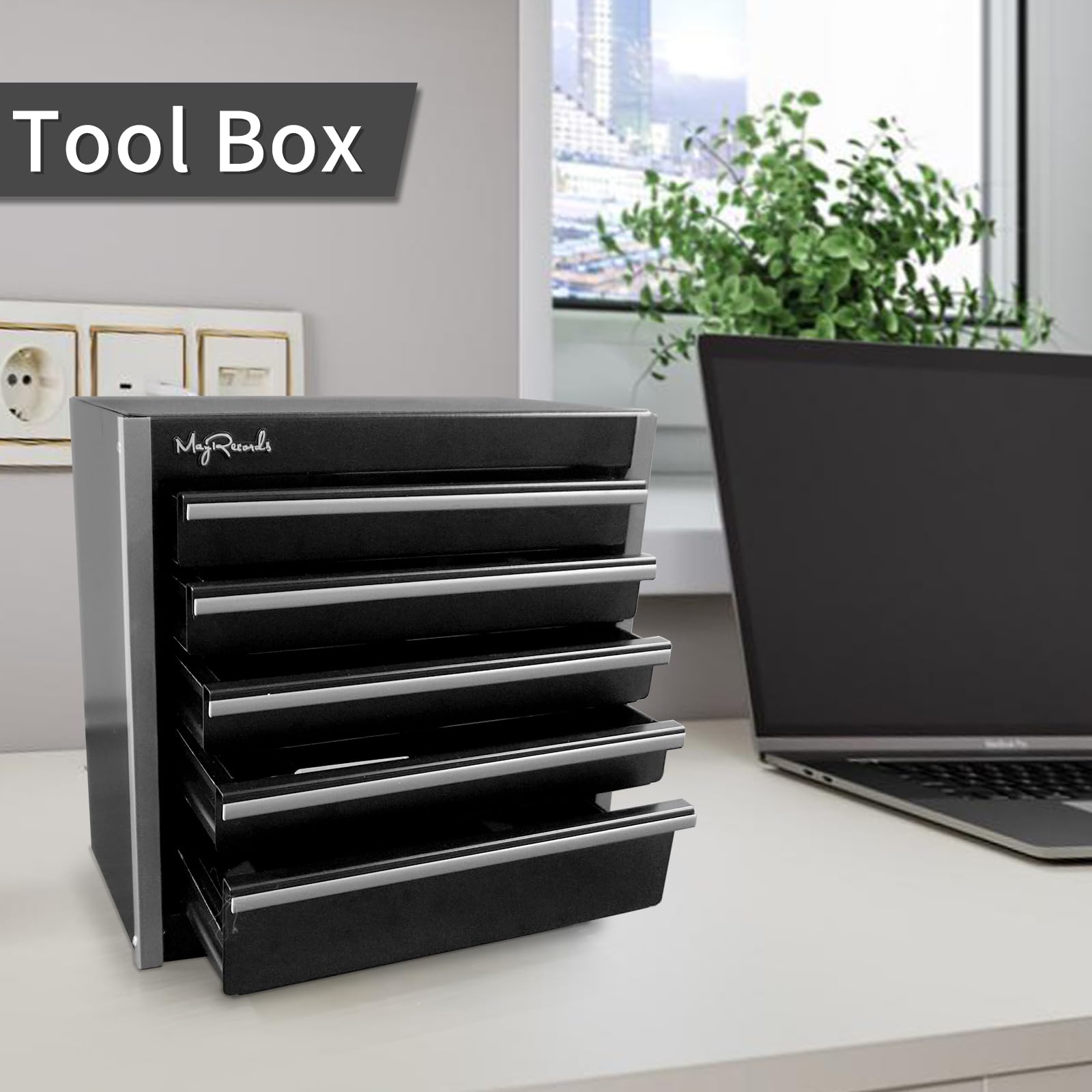 MayRecords Black Mini Metal Tool Box with 5 Drawers and Top