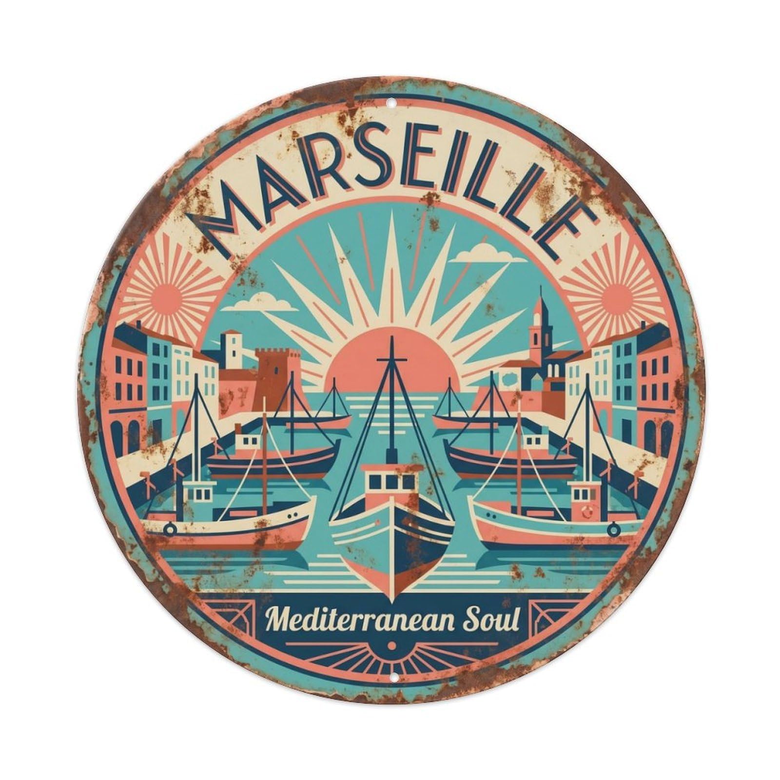 Harbor Mediterranean Kitchen Waterfront Metal Tin Sign Plaque Wall Decor for Cafe, Club Bar, Office, Home Garden Round Metal Poster 8x8Inch