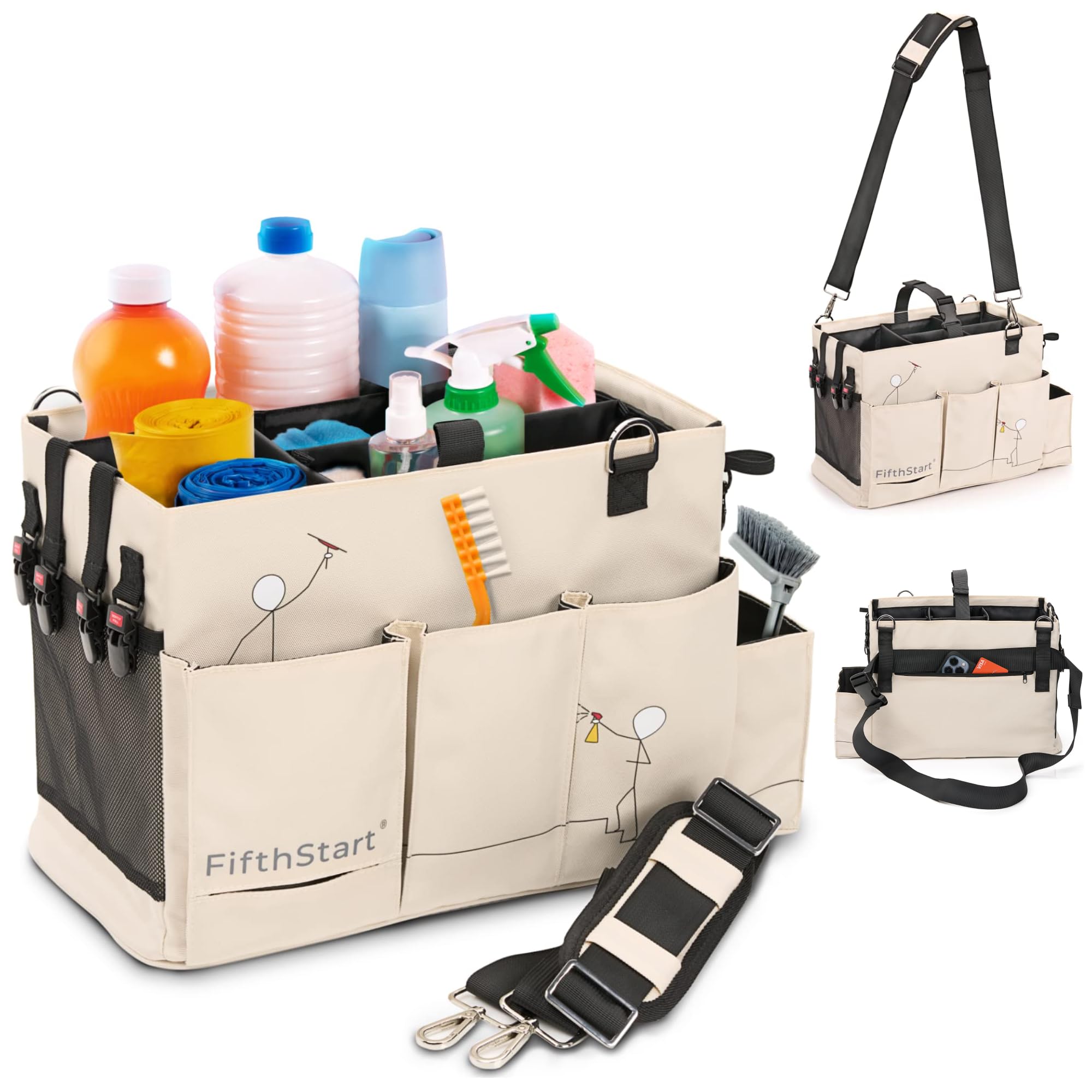 FifthStart Multiuse Cleaning Caddy with Waist & Shoulder Strap - Diaper Caddy & Beach Bag - 9 Pockets & Mesh Base - Adjustable Compartments (Beige, Small)