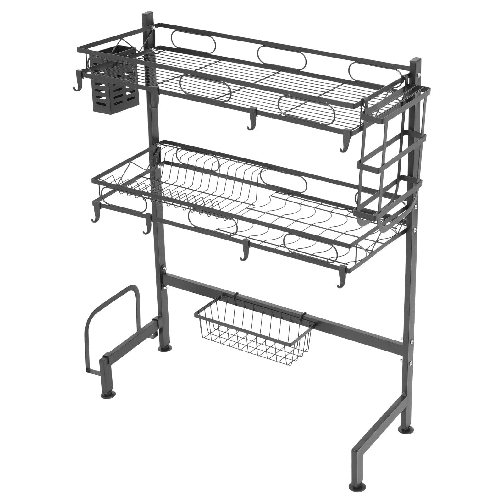 Abtropfgestell, 2-stufiges Geschirr Abtropfgestell mit Haken, Geschirraufbewahrung, Geschirrkorb, 65x28x82cm, Schwarz