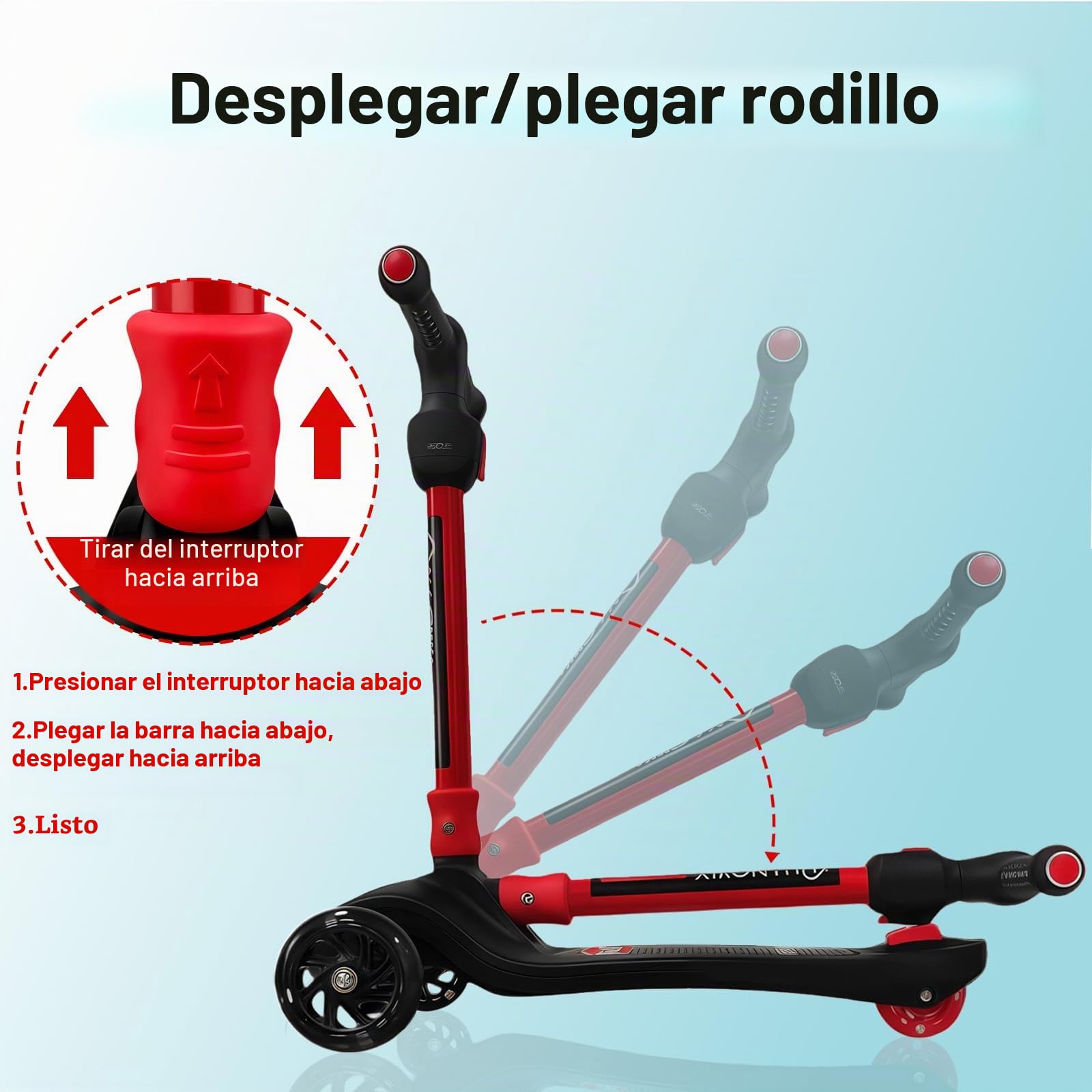 Patinete infantil plegable con intermitentes, altura ajustable, tabla ancha y con freno, patinete plegable para niños y niñas a partir de 3 años